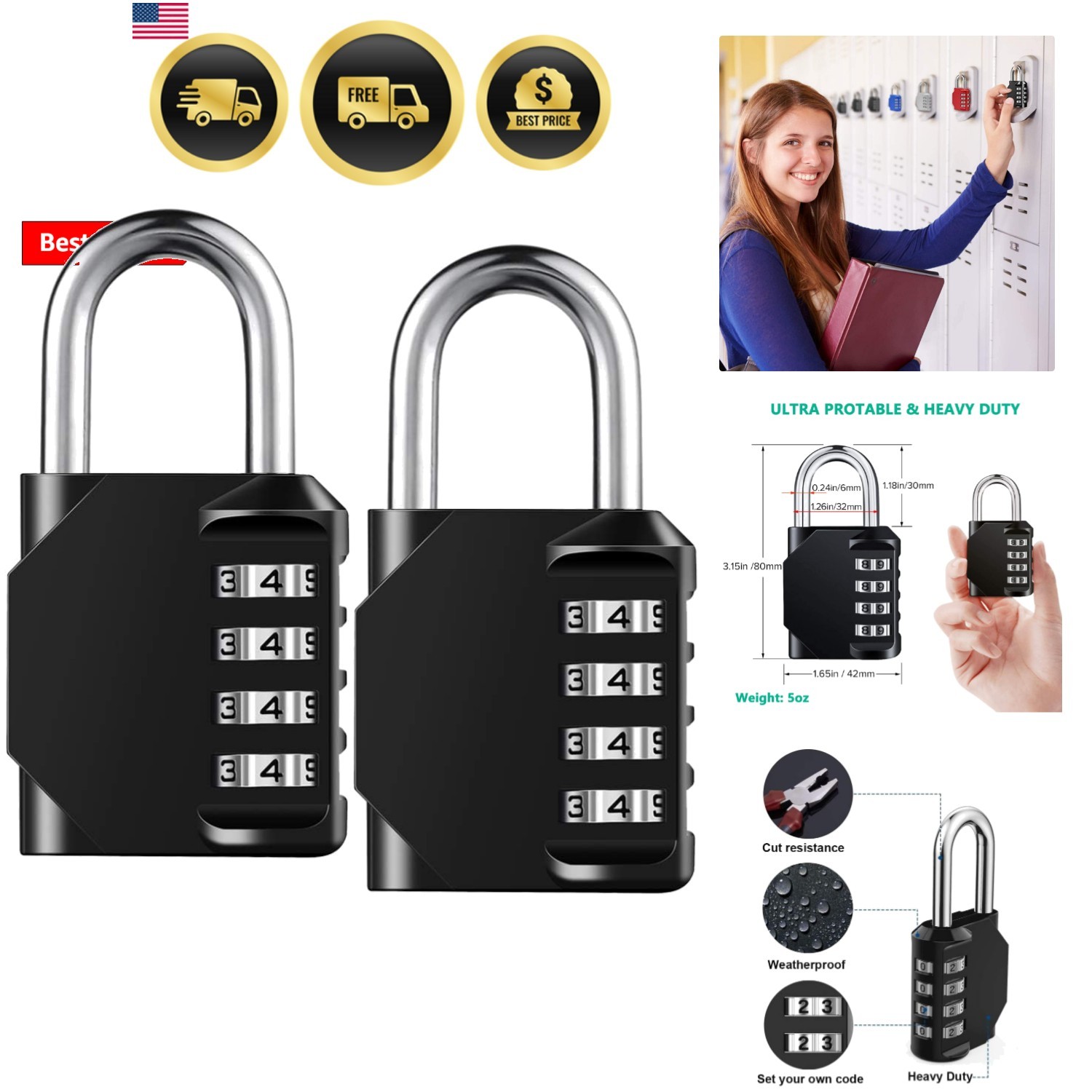 Combination Lock Resettable 4 Digit Padlock with Combination, Waterproof and ...
