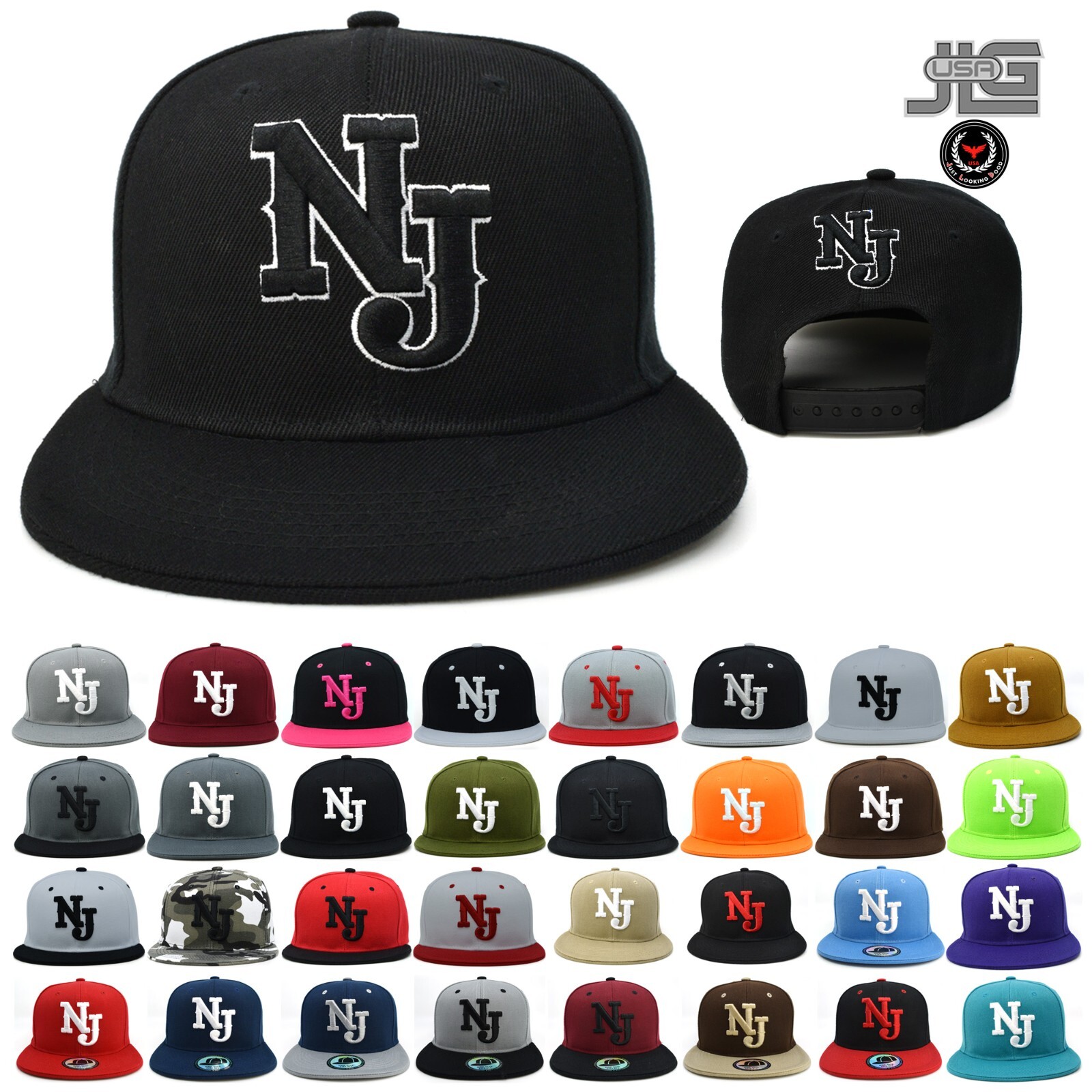NJ New Jersey Baseball cap Front and Back NJ Embroidery Snapback Hat Cap New