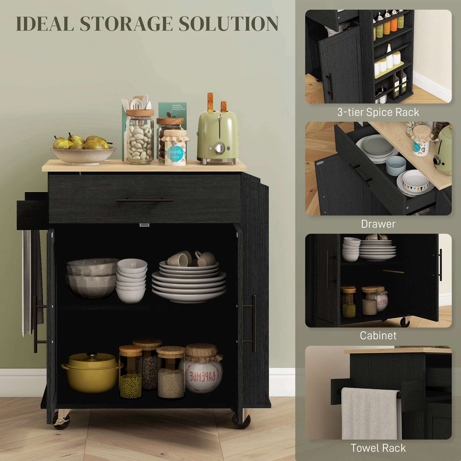 Kitchen Island with Storage and Power Outlets, Rolling, Black