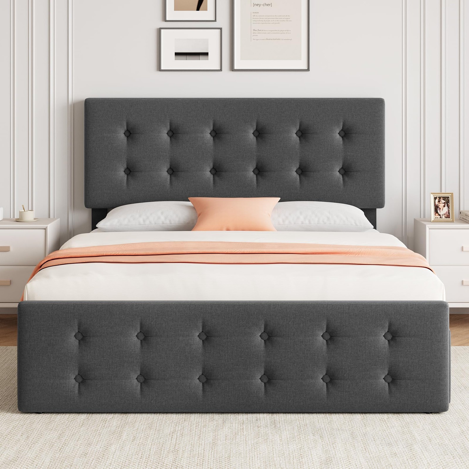 Full Size Bed Frame Dark Grey Linen Upholstered Platform Bed Frame, Button Tufte