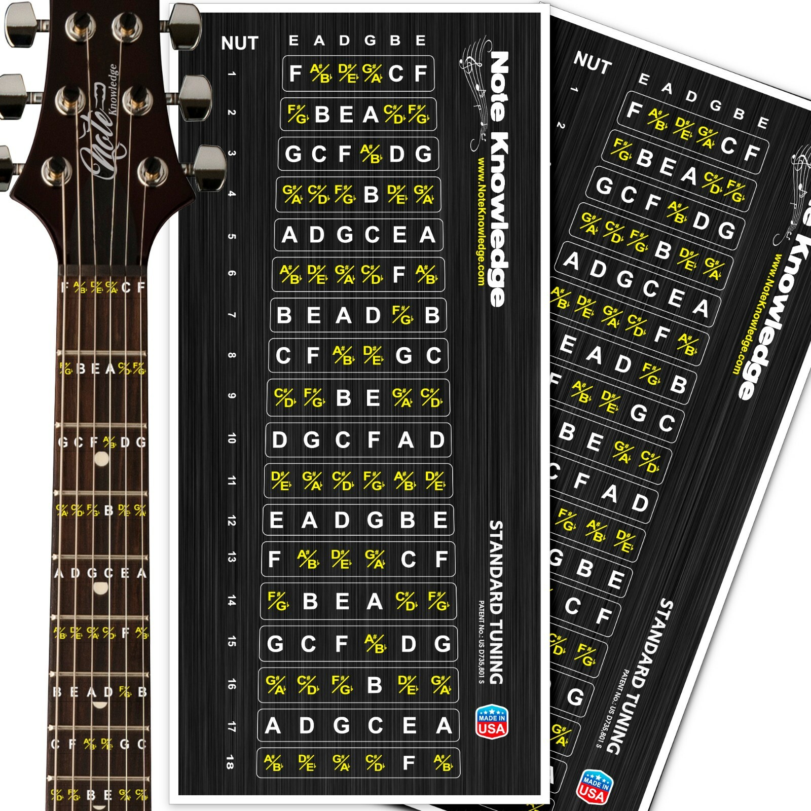 Learn Guitar Note Placement Note Map Decals-Stickers w/Mini Chord Chart 2pk