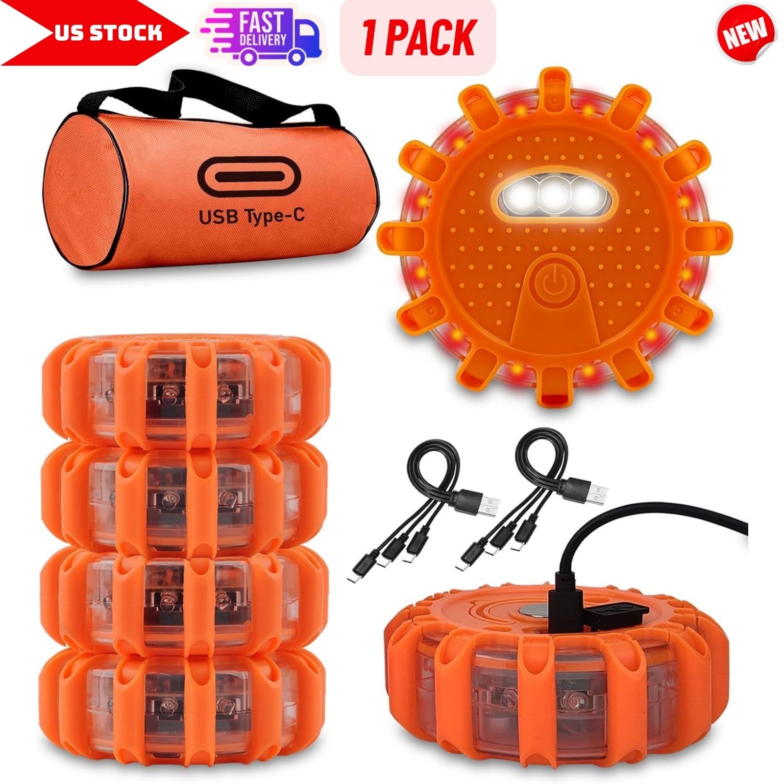 6 Pcs USB-C Rechargeable LED Road Flares Emergency Lights Disc Roadside Warning