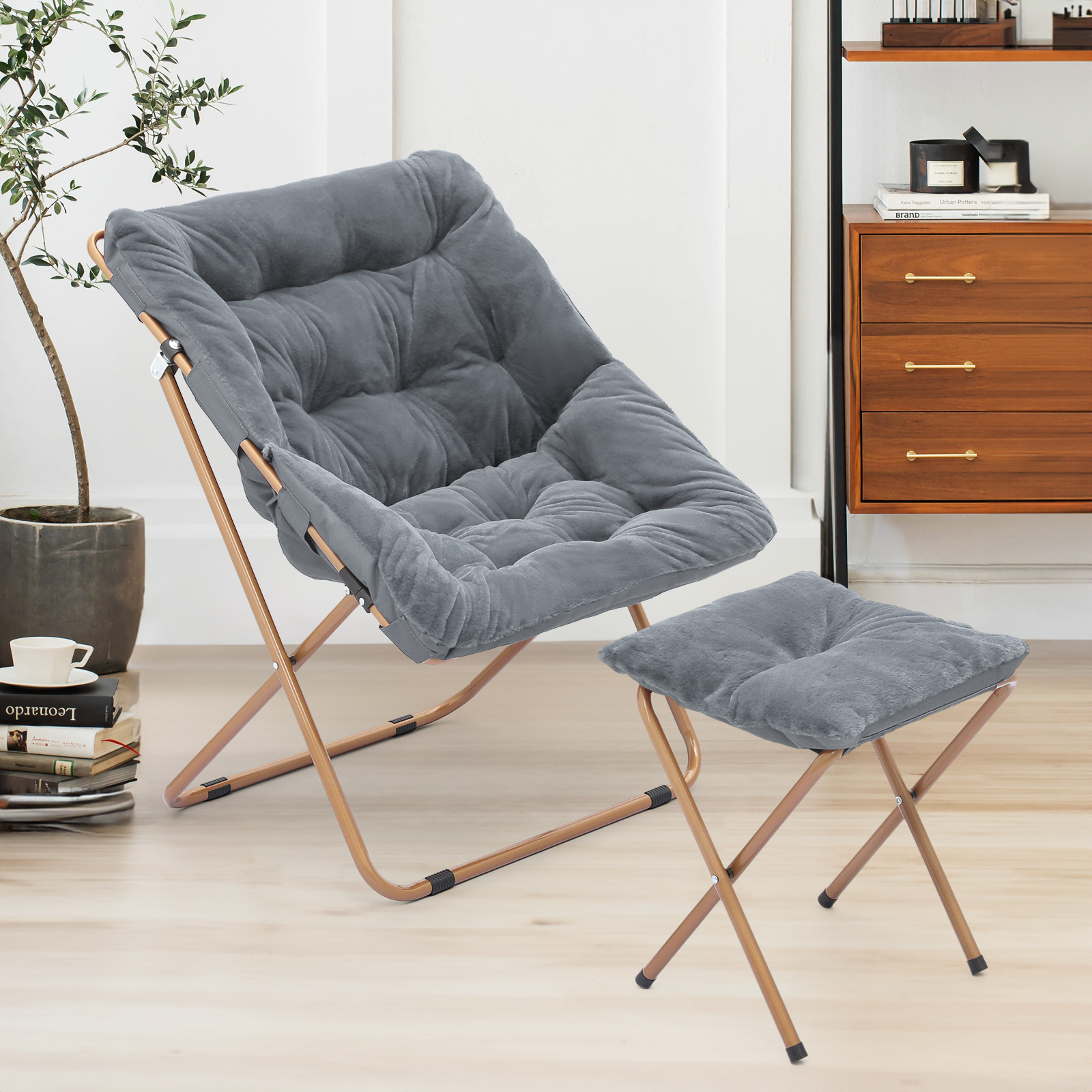 Folding Saucer Cozy Moon Chair Home Grey Soft Faux Fur Oversized Seat w/Ottoman