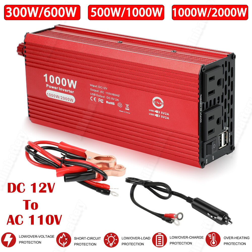 Car Power Inverter DC 12V to AC 110V Adapter Converter with 2 USB 2 Outlets USA