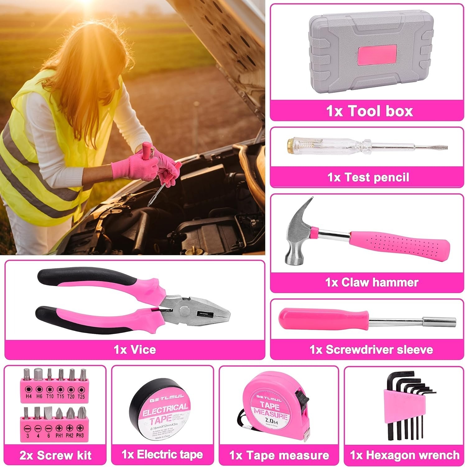 Pink Car Emergency Kit, Premium Roadside Assistance Set