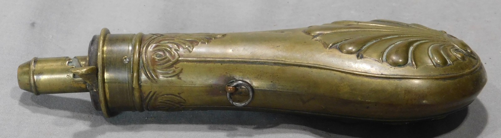 Antique Frary Benham & Co Brass Black Powder Flask Shell Pattern 1850 Adjustable