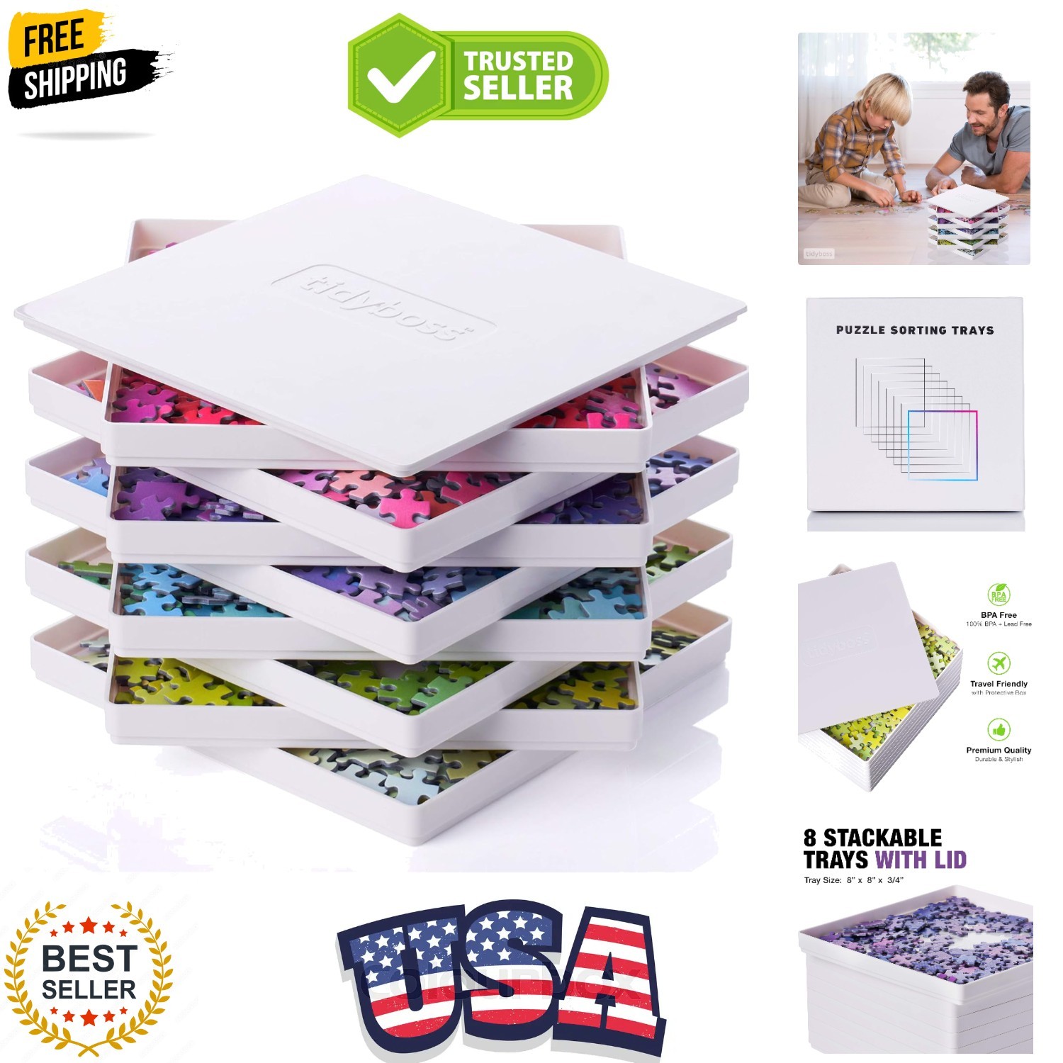 8 Puzzle Sorting Trays with Lid 8" x 8" - Portable Jigsaw Puzzle Accessories ...