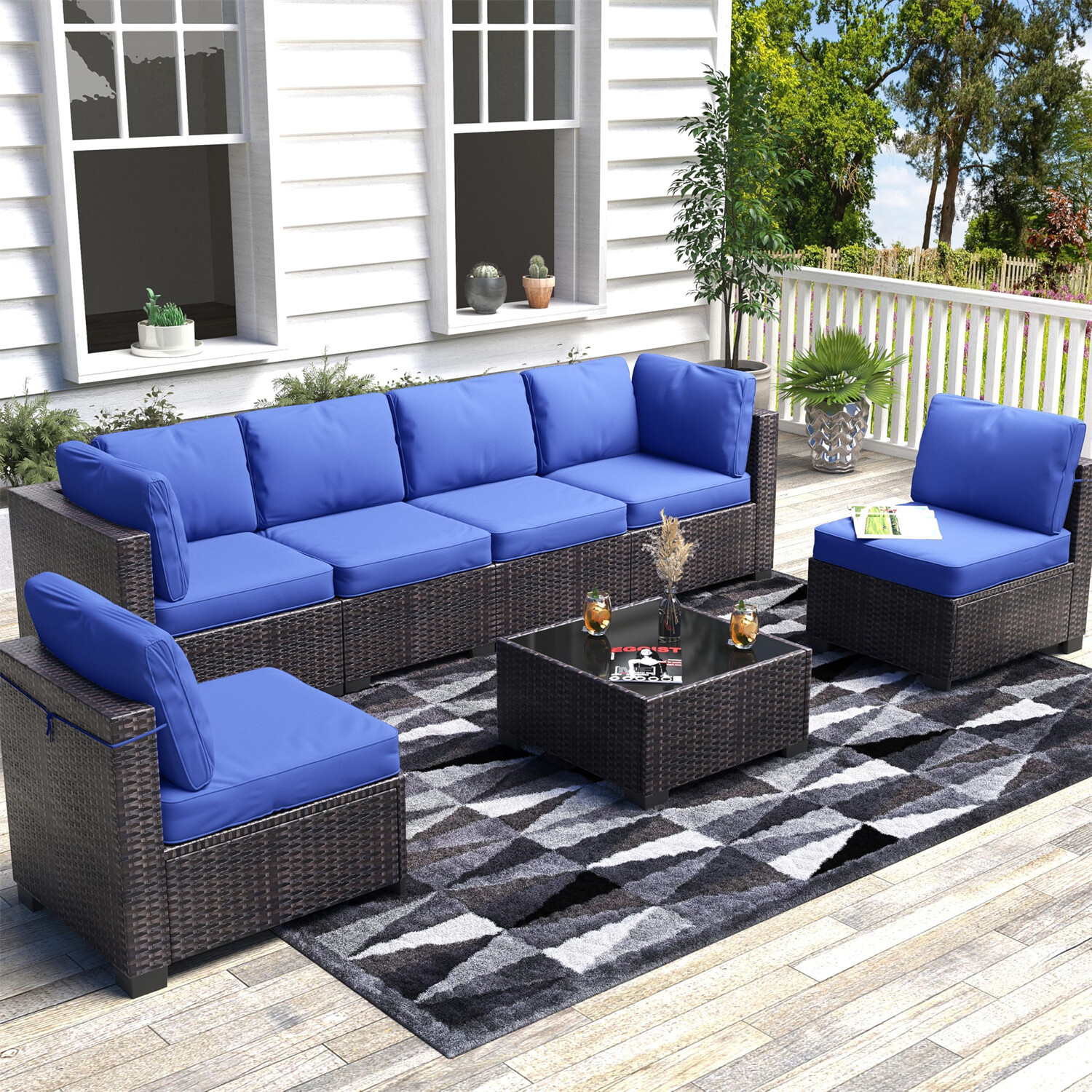 7-Piece Outdoor Patio Furniture Set PE Rattan Wicker Sectional Modular Garden