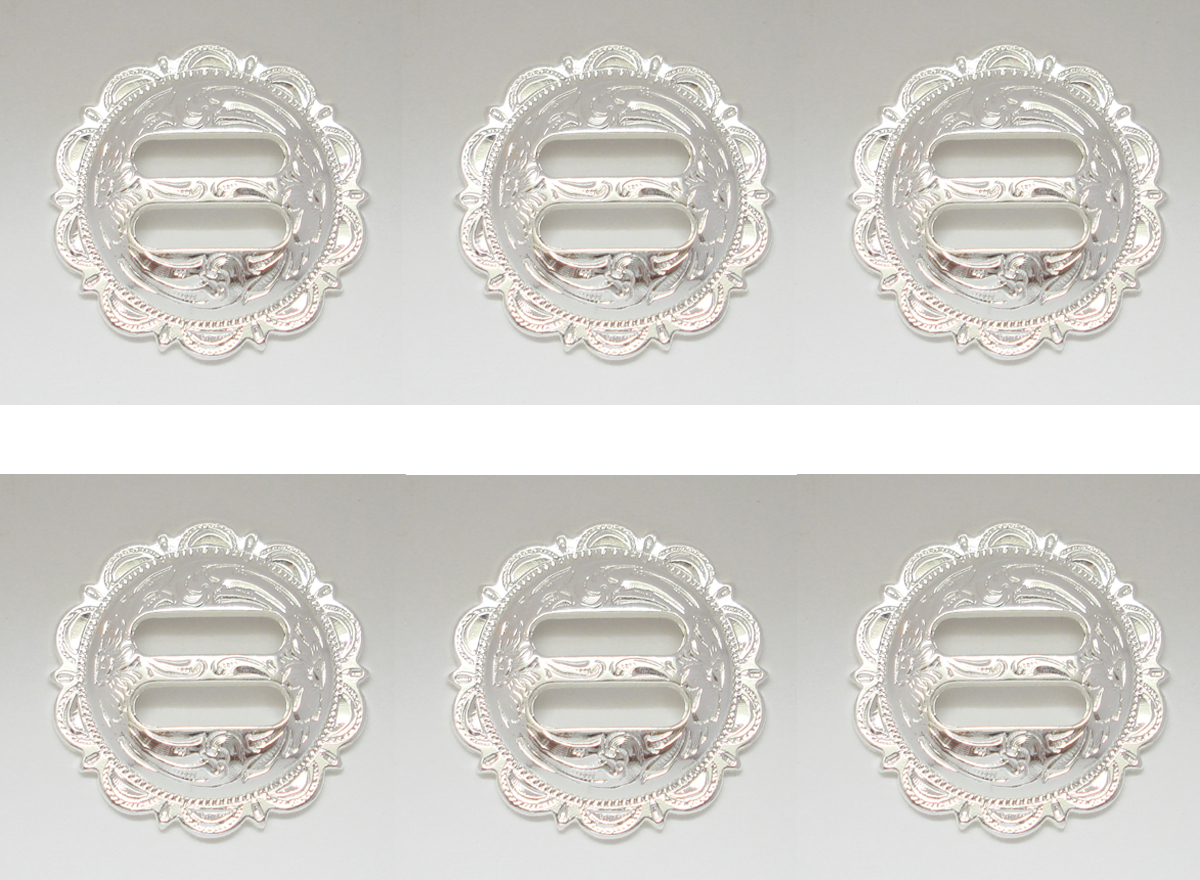 Set of 6 WESTERN HORSE TACK SADDLE BRIGHT SILVER ENGRAVED SLOTTED CONCHOS 1-1/4"