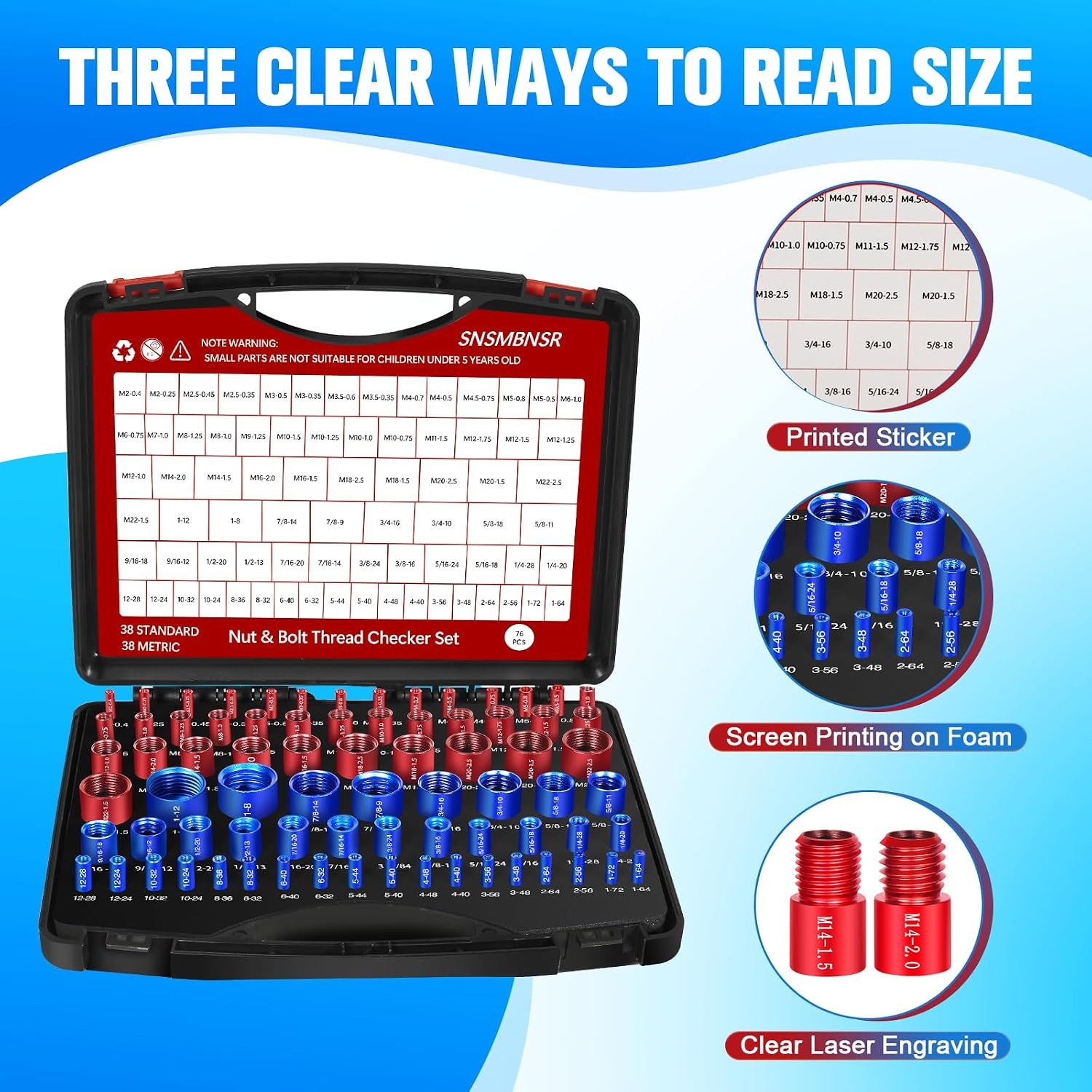 76Pcs Thread Checker, Nut and Bolt Thread Checker 38 Standard and 38 Metric Set,
