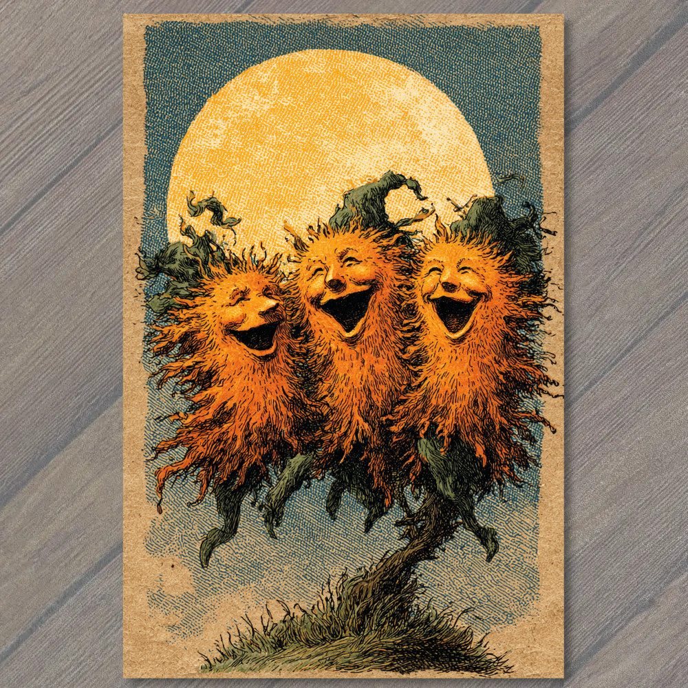 POSTCARD Three Laughing Pumpkinhead Sprites Dancing Under Full Yellow Moon