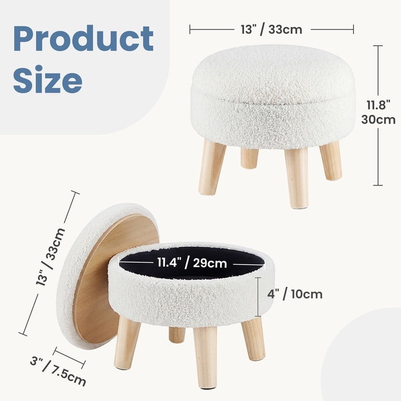 Round Ottoman with Storage, Boucle Footstool with Hidden Storage, Padded Seat