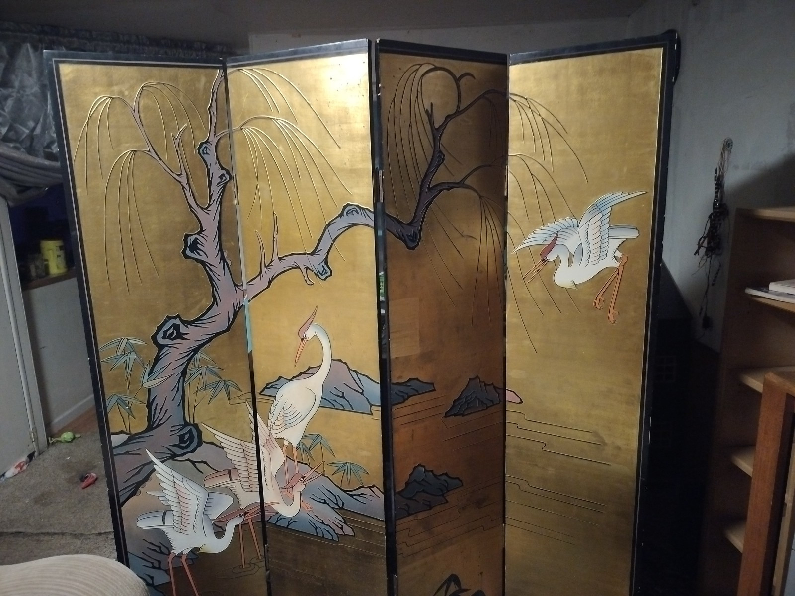 1930s French Black and Golden Paravent Room Divider Screen with Waterfowl Motive