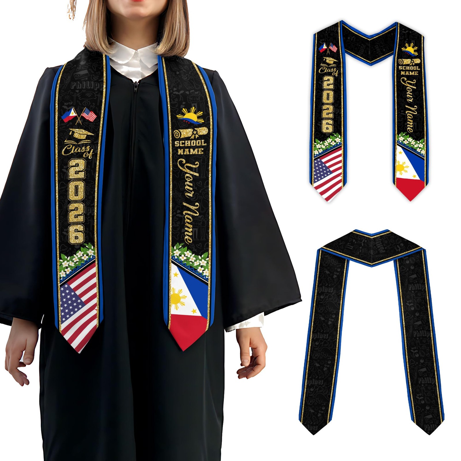 Personalized Filipino Graduation Stole 2026 American And Philippines Flag Sash C