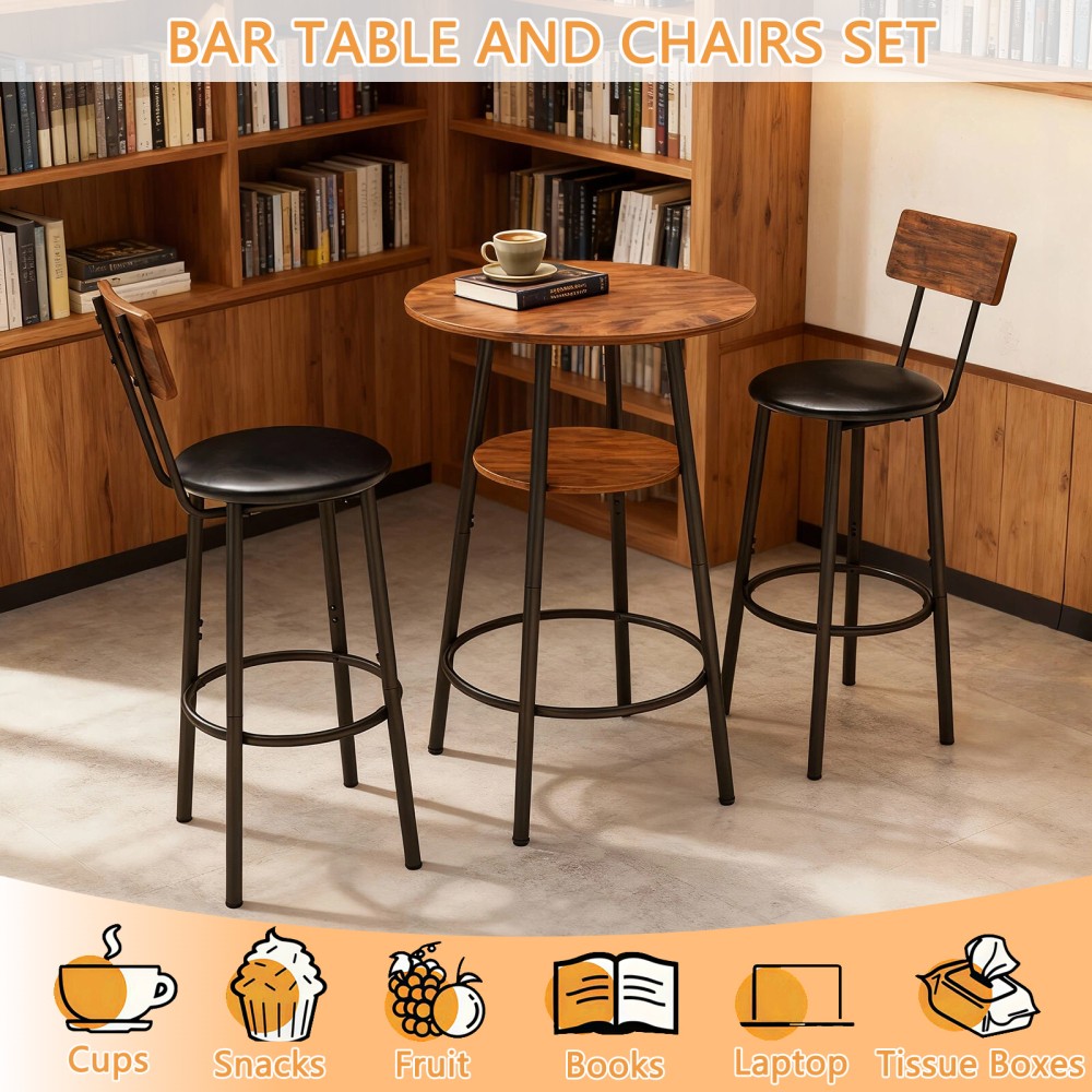 3 Pieces Round Bar Table and Chairs Set, Small Dining Table for 2 with 2-Tier