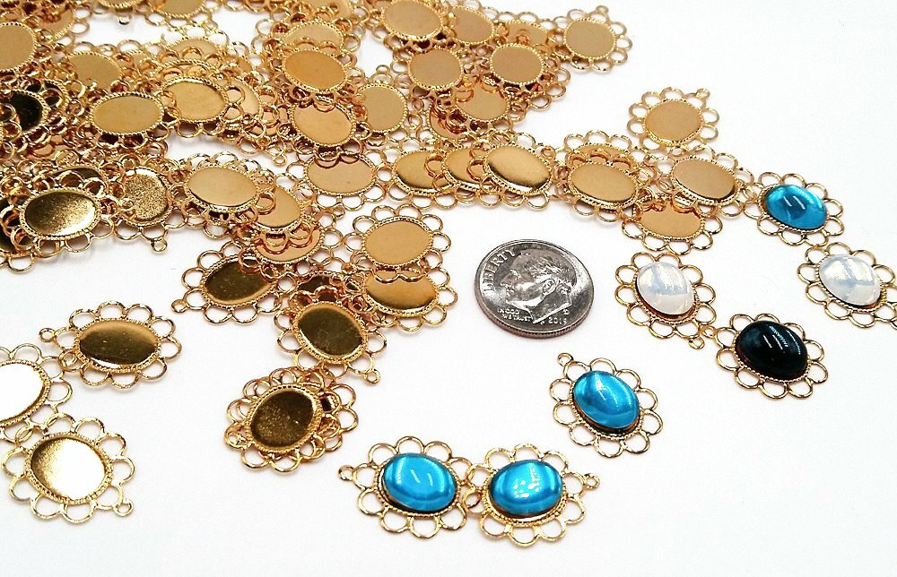 (90) Shiny Brass Oval Lace 1-Loop 8x10mm Settings + Free Gift Bag