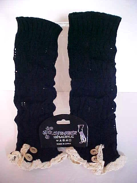 Stylish Navy Cable Knit Leg Warmers Buttons and Lace Trim XL - XXL NEW