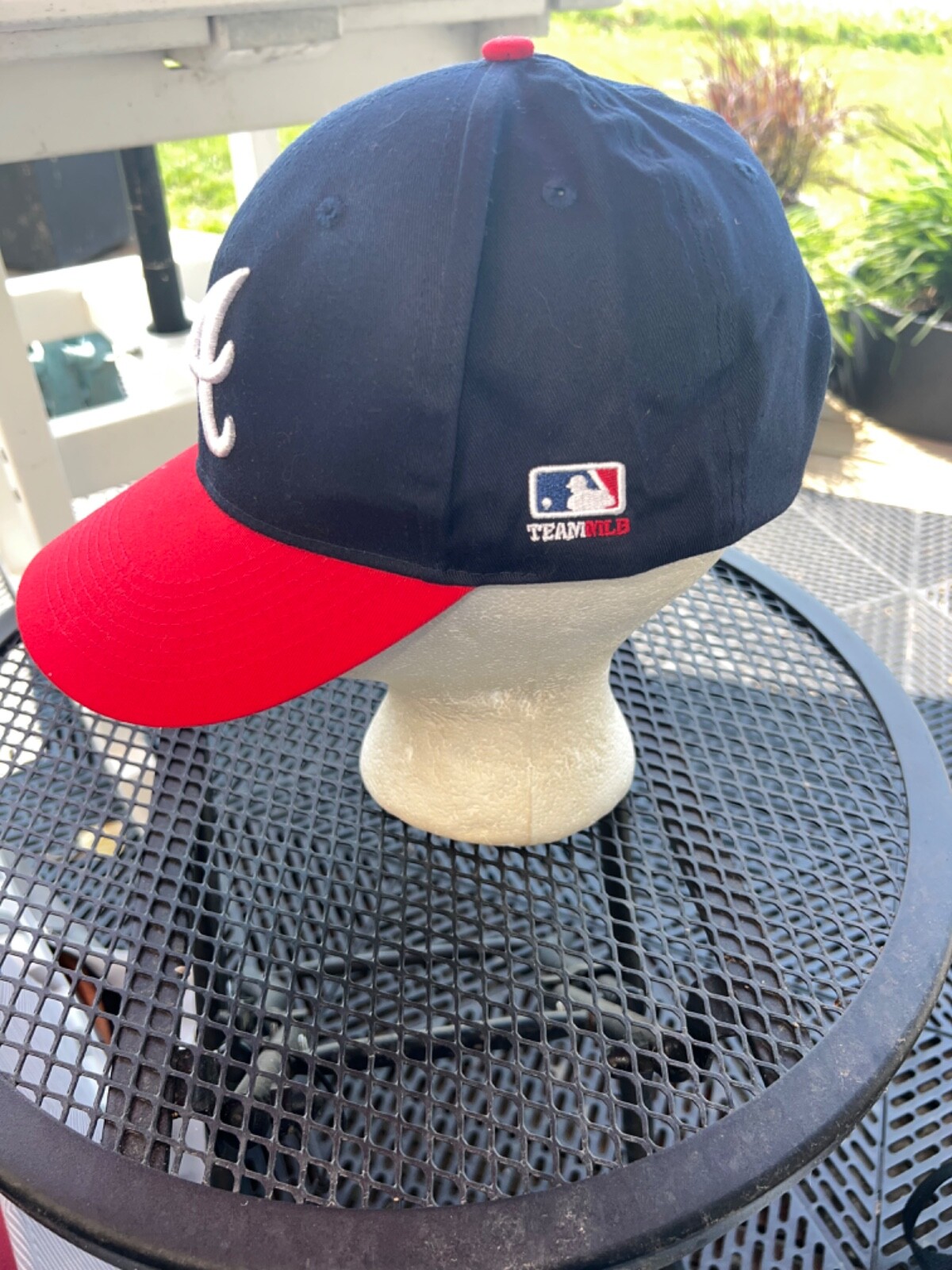 Atlanta Braves Blue Hat Cap with White Script A Red Bill Hook Loop EUC