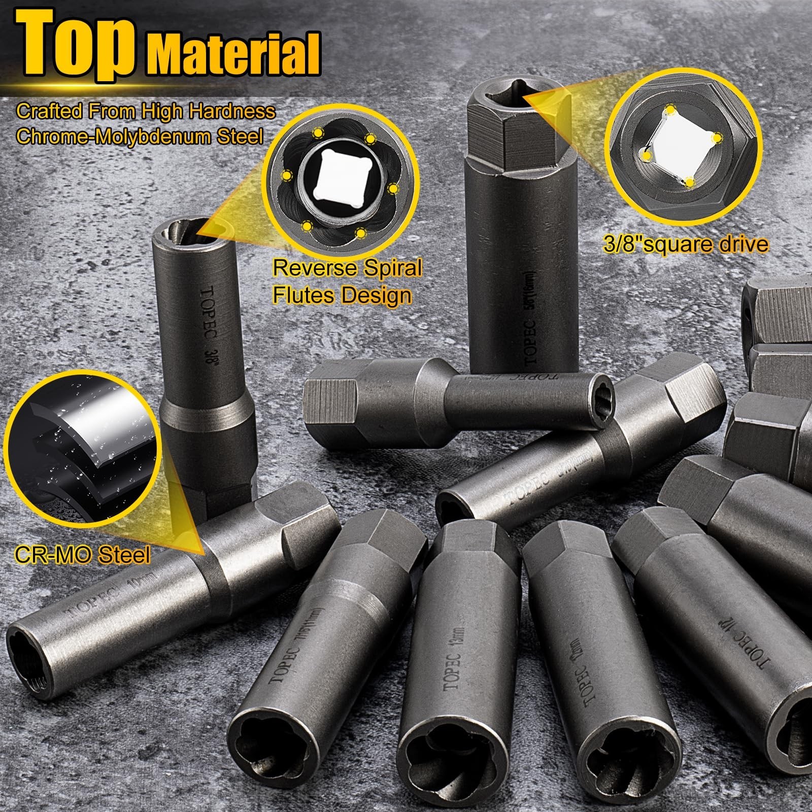 Topec 15PCS Deep Bolt Extractor Kit, 6mm-19mm Nut Extractor Socket Set, 3/8" ...