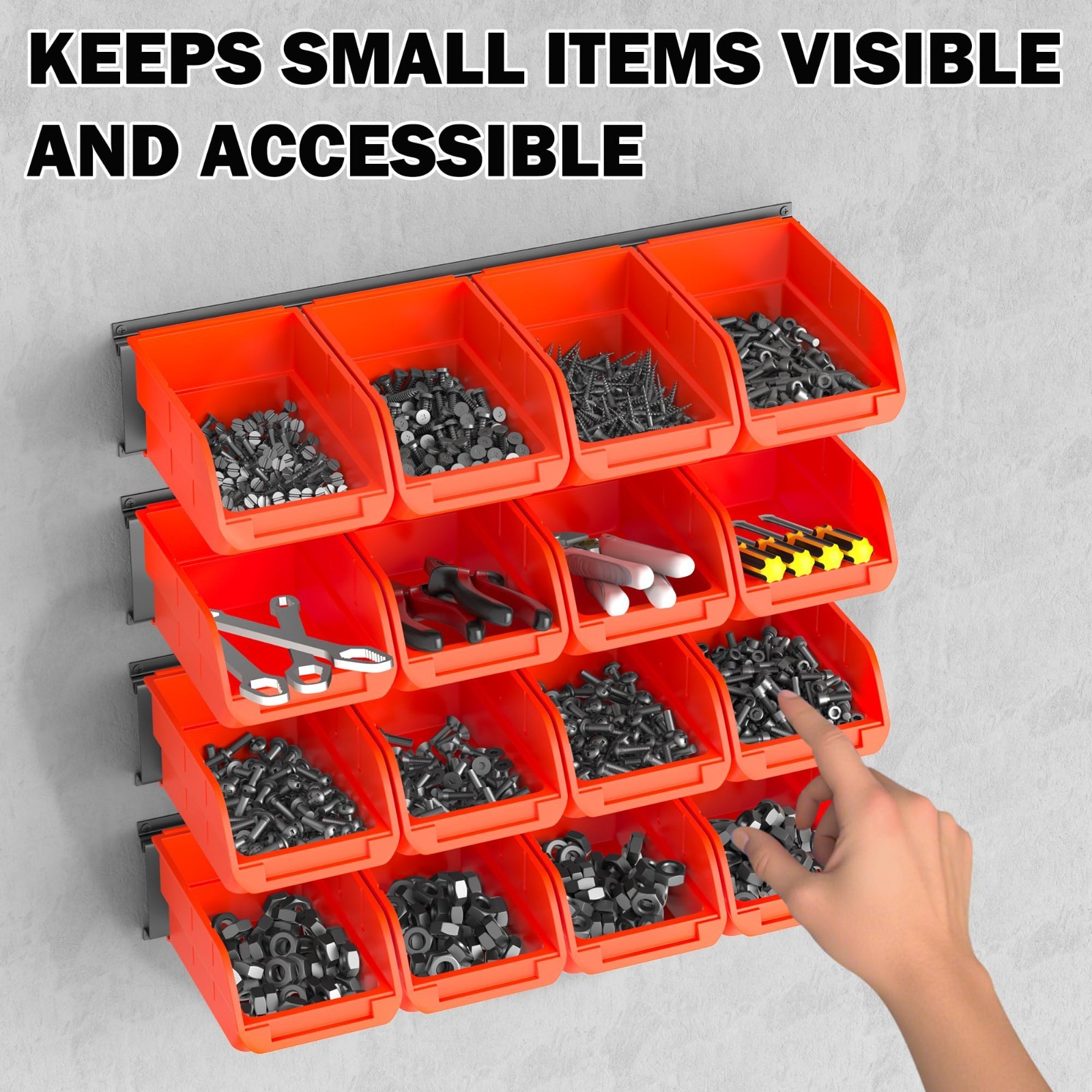 Wall Mounted Storage Bins - Plastic Organizer for Garage Tools, Screws, Nuts & B