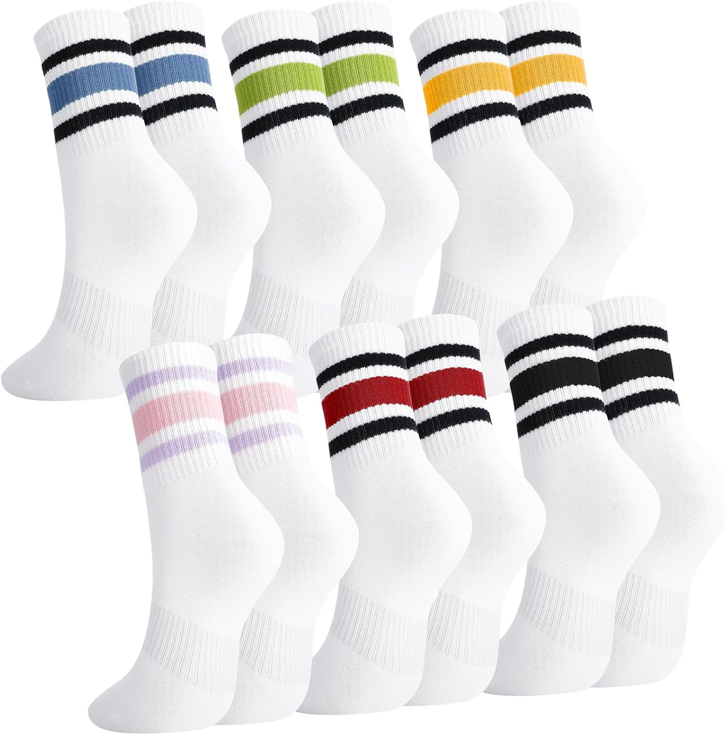 6 Pairs Retro Stripe Tube Socks Classic Athletic Sport Running Crew Casual Cotto