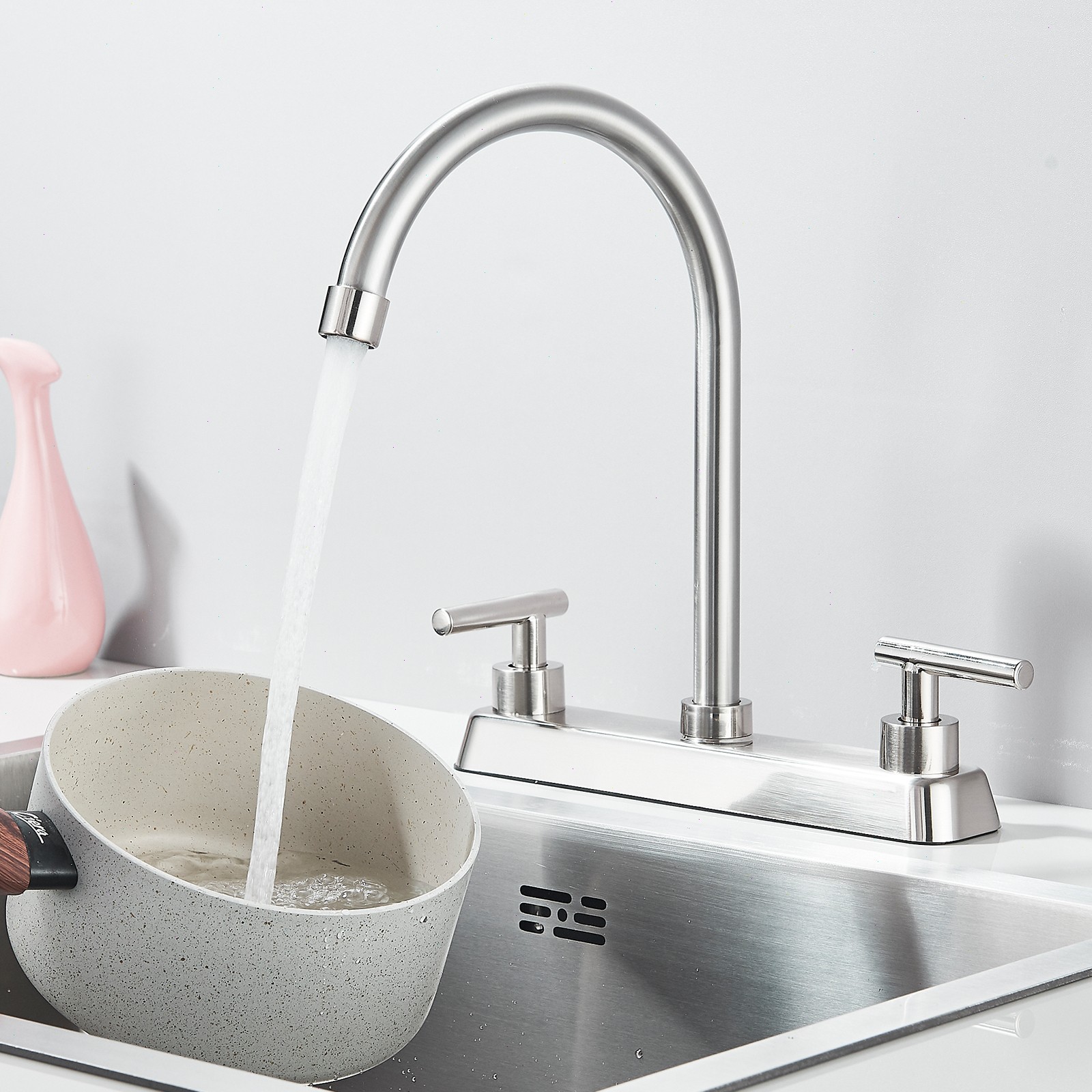 Brushed Nickel 8 inch Centerset Kitchen Faucet 3 Hole 2 Handle Swivel Sink Mixer