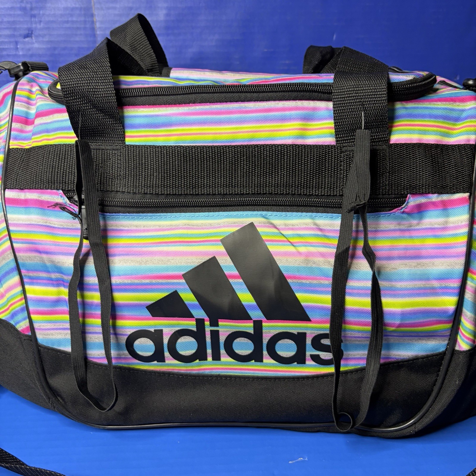 Adidas Rainbow Striped Duffle Bag 20x10x9in Gym Travel Workout w/ Shoulder Strap