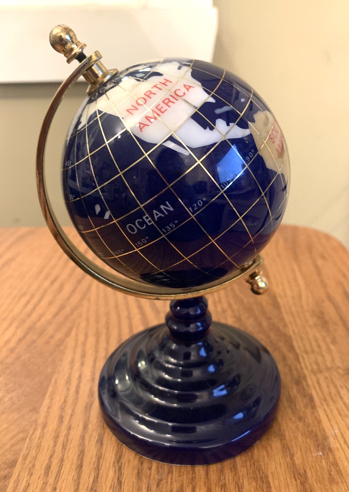 Vintage Semi Precious Gemstone World Spinning Globe Lapis Turquoise Base 6" tall
