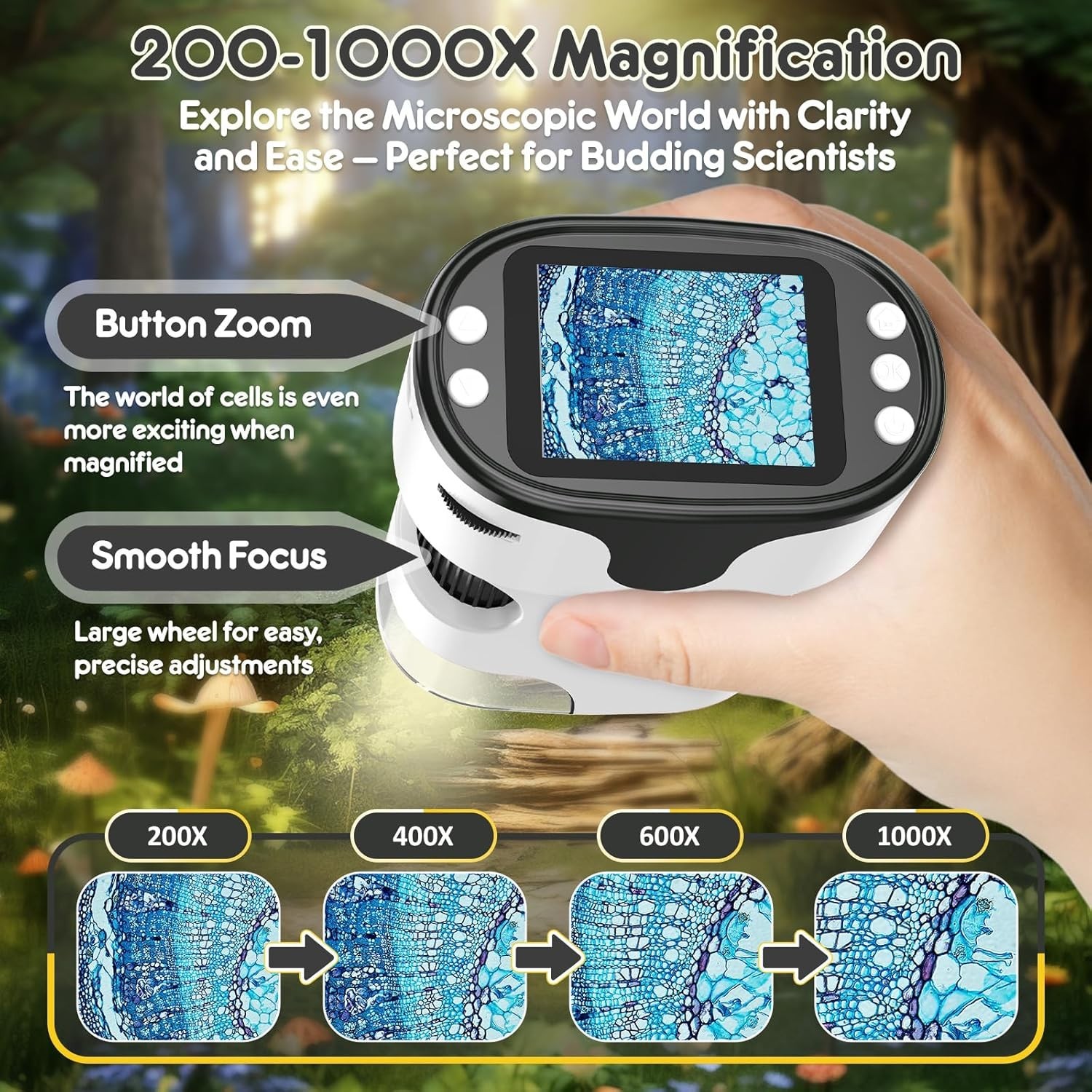 Portable 1000X Digital Microscope Kids 4K 2" Screen Rechargeable w/Slides Gift