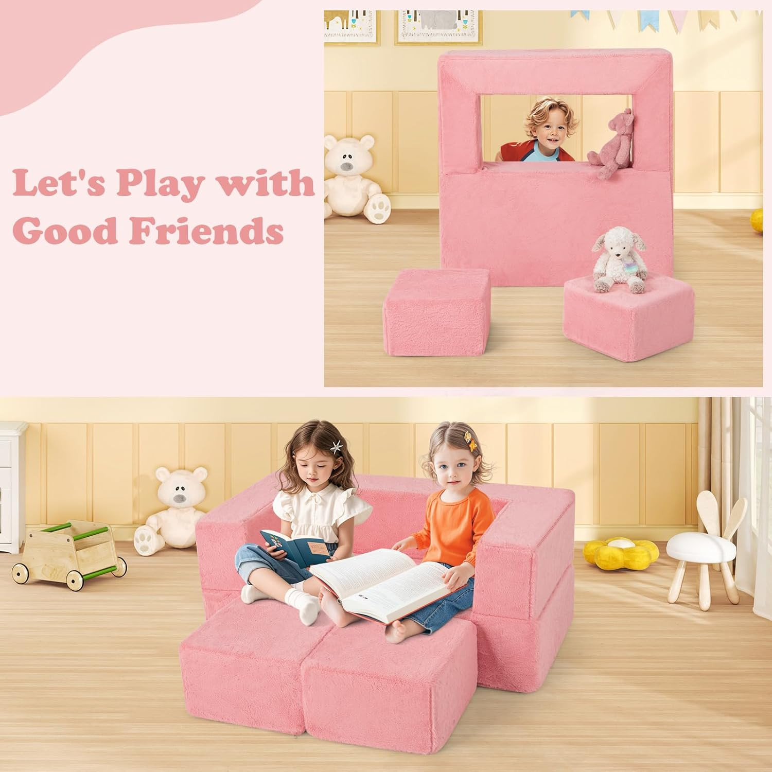 Pink Modular Kids Play Couch - Convertible Foam Sofa for Playroom Fun