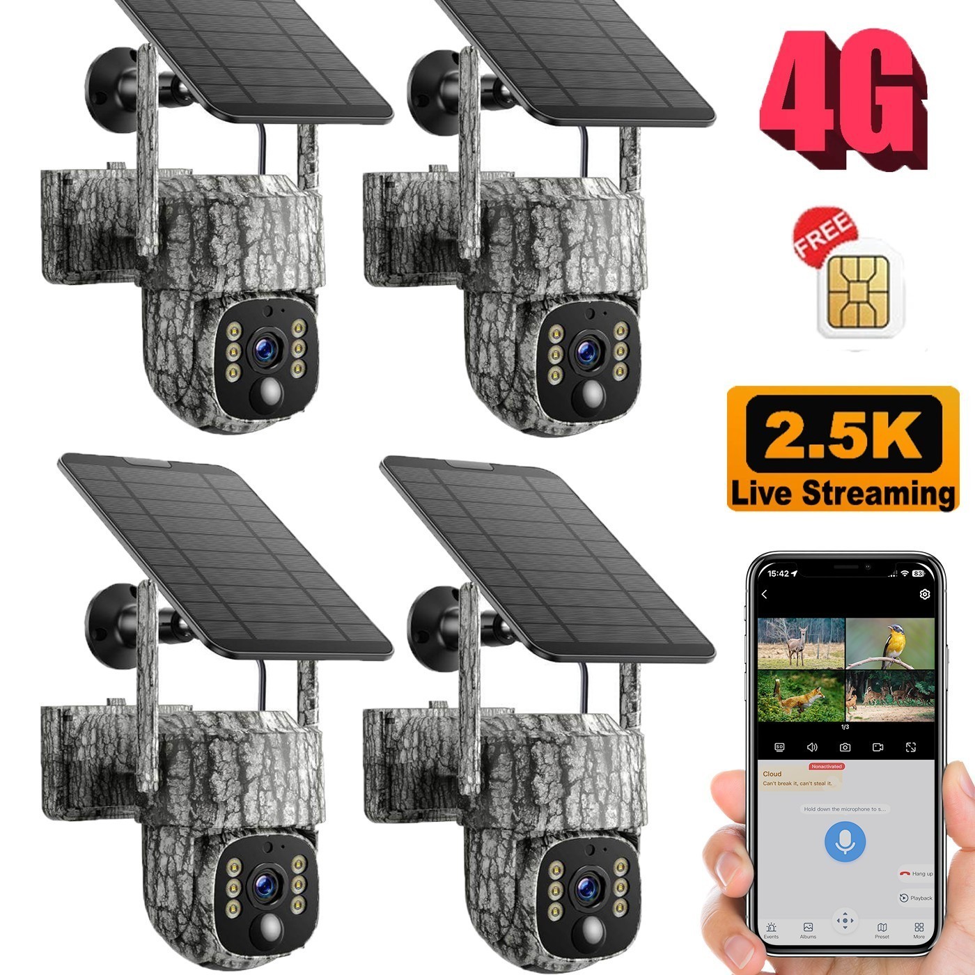4G LTE Cellular Trail Camera 4 Pack 2.5K Live Streaming Solar Panel Night Vision