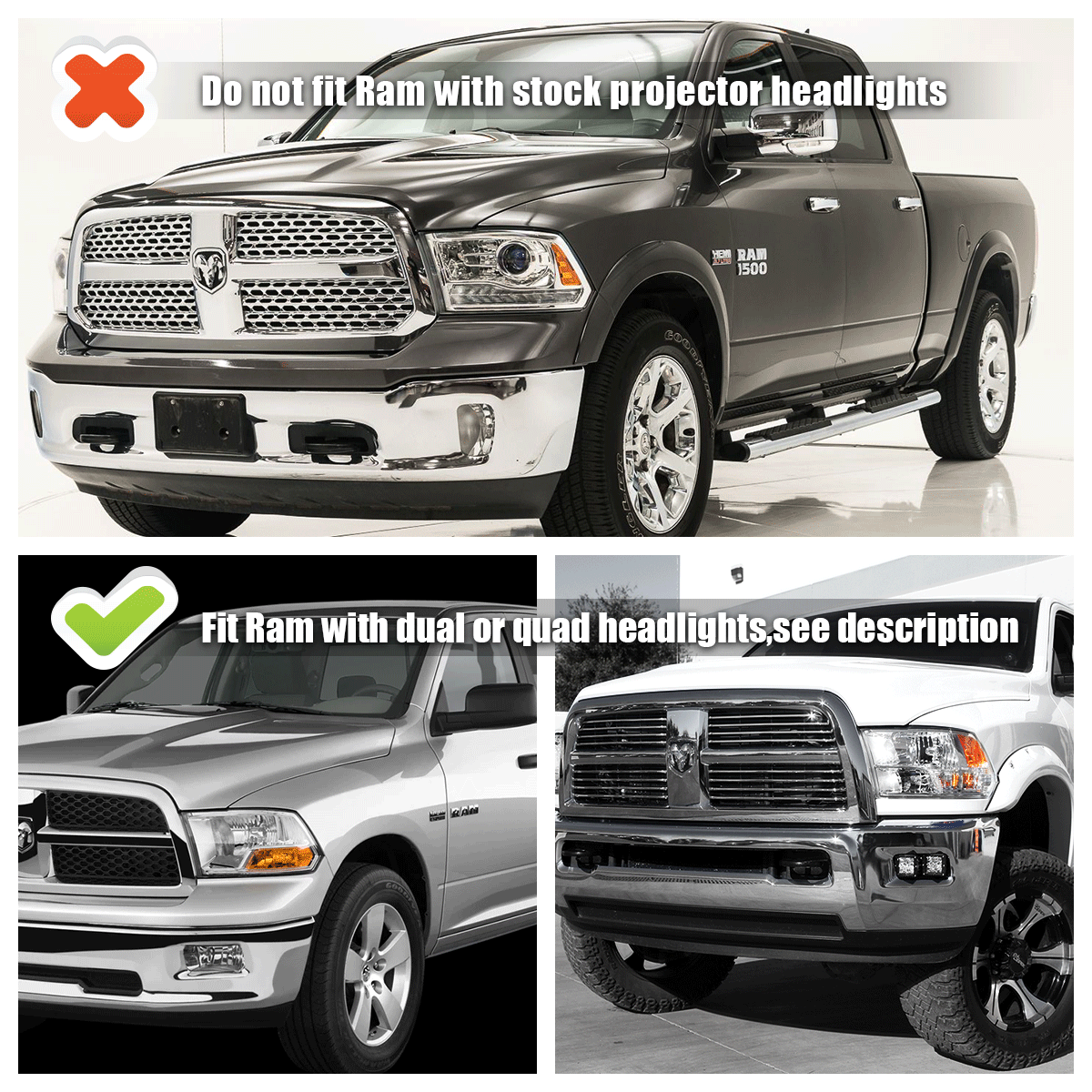 For 2009-2018 Dodge Ram 1500 2500 3500 Black LED DRL Dual Projector Headlights