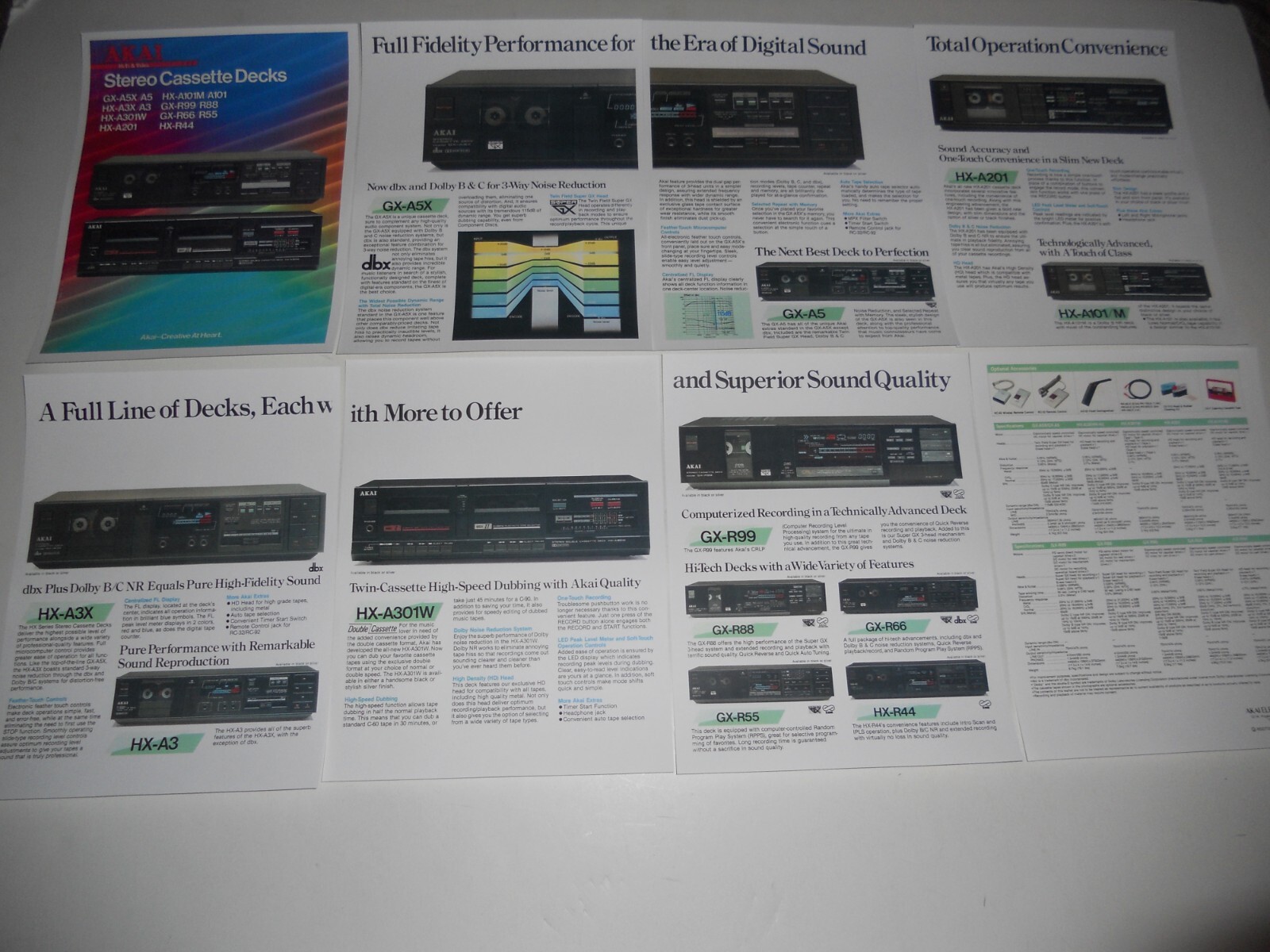 Akai Cassette Deck Brochure '85 8 pg, Specs, Info, GX-A5x, GX-R99, R88, R66, R55
