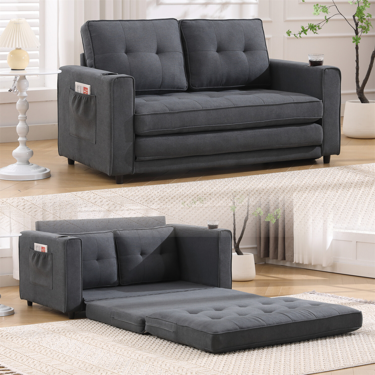 Convertible Sofa Bed Loveseat Futon Sofa Couch w/ Pull-Out Bed Dark Gray