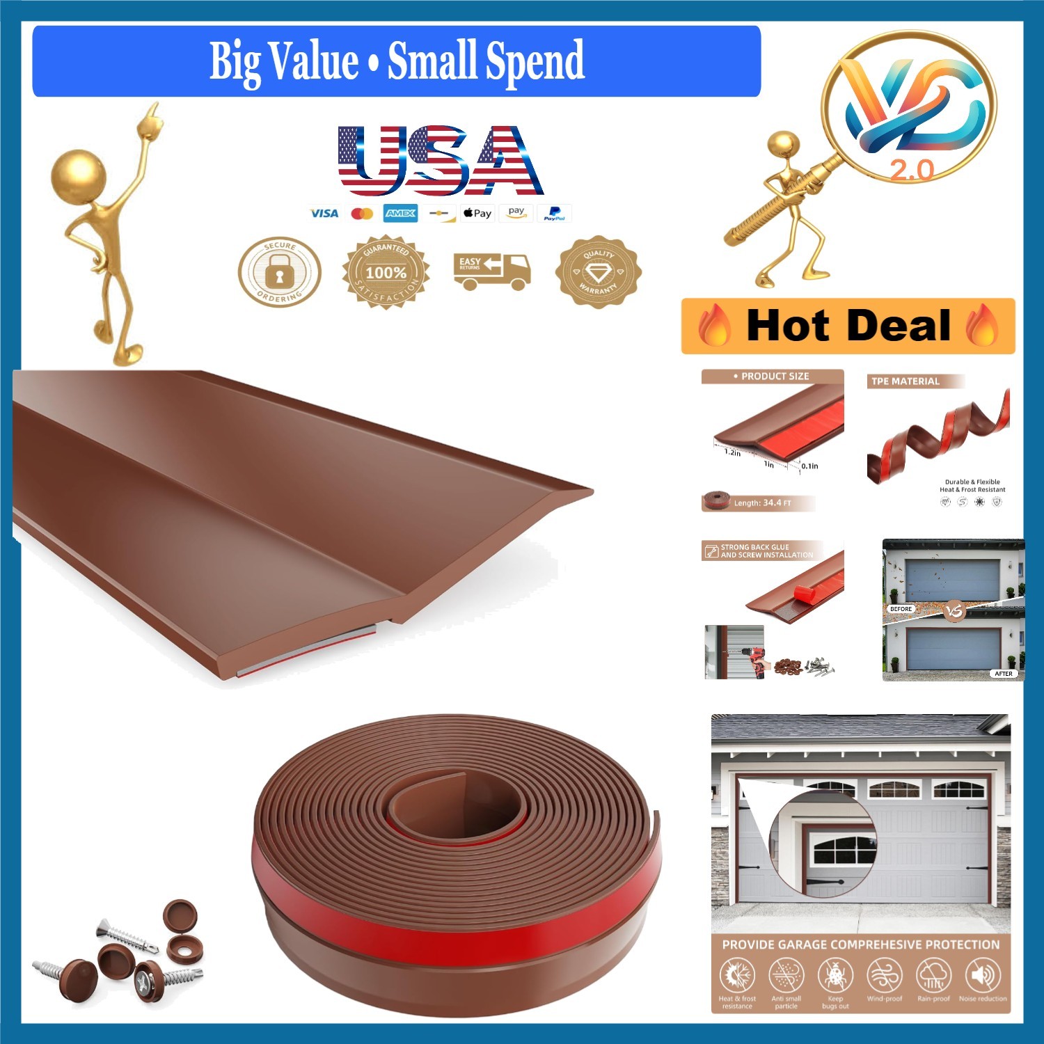 Garage Door Seal Brown 34.4Ft Weatherproofing Trim Strips Top & Sides