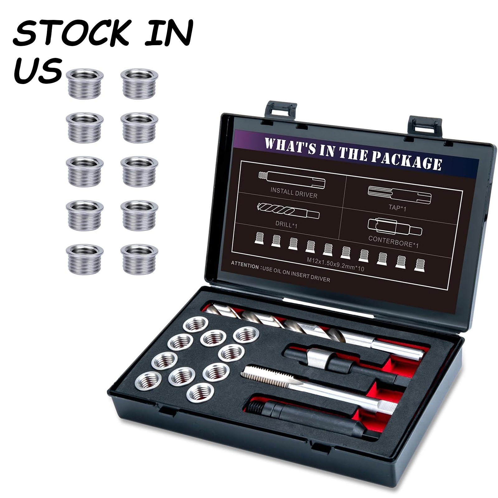 M12X1.5X9.2MM Thread Repair Kit with Insert HSS Drill, Tap, Counterbore, Install