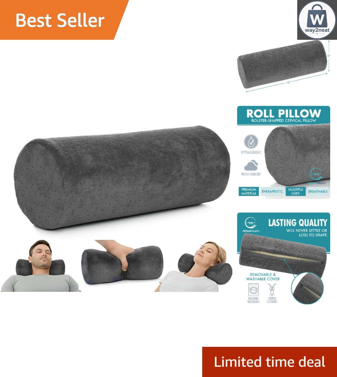 Compact 13"X 5" Cervical Bolster Pillow - Ergonomic Design for Enhanced Comfort