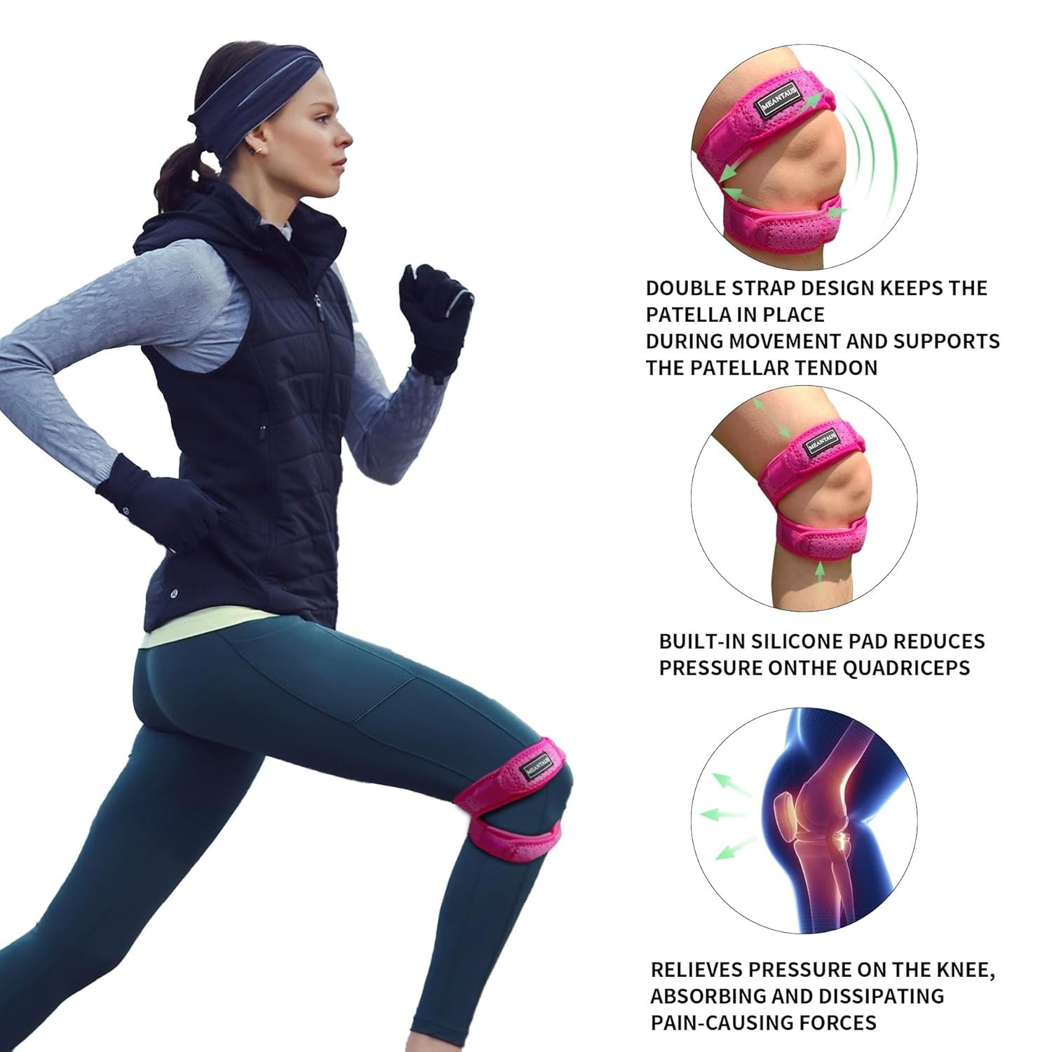 Dual Patella Knee Strap 2-Pack Pink Size Medium Adjustable Knee Support Brace