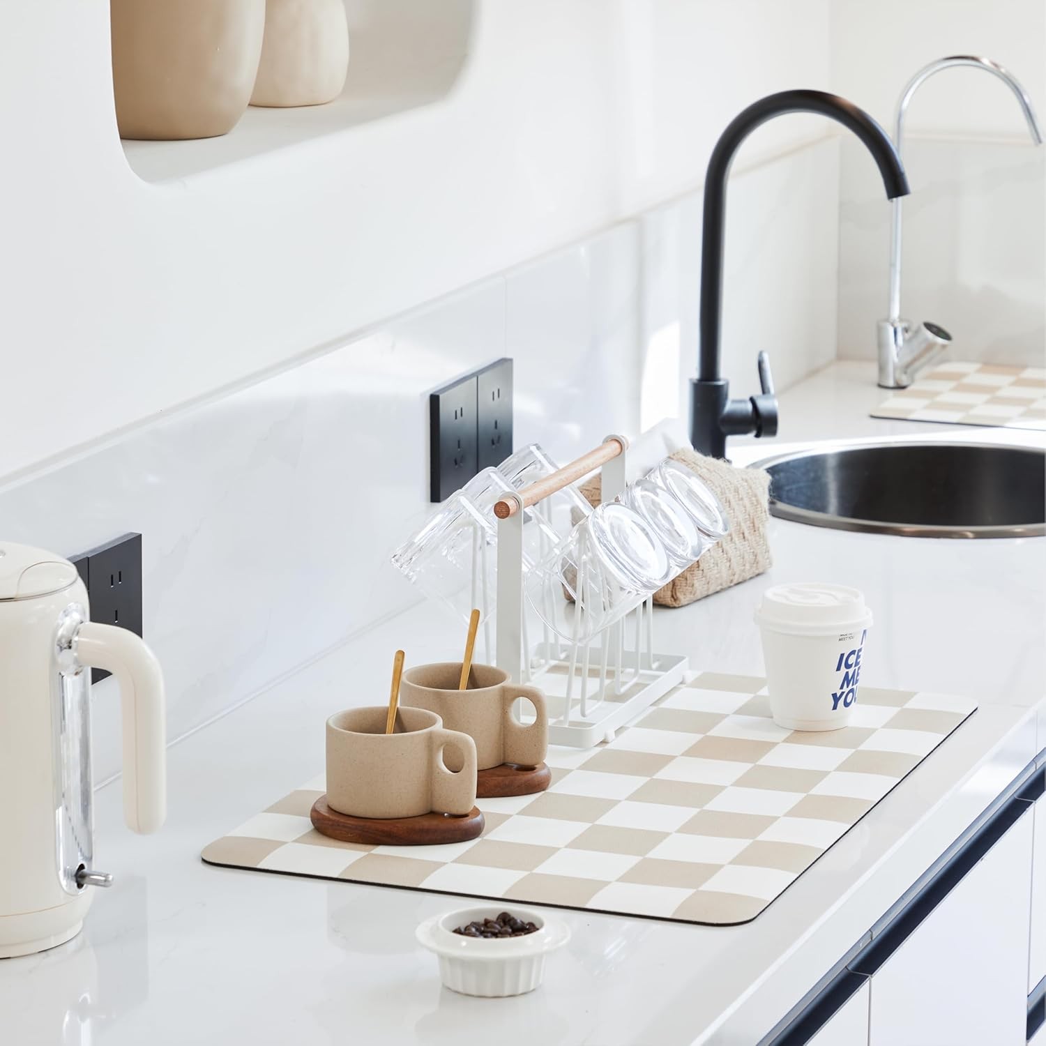 Checkered Dish Drying Mat for Kitchen Counter, Coffee Bar Station Accessories