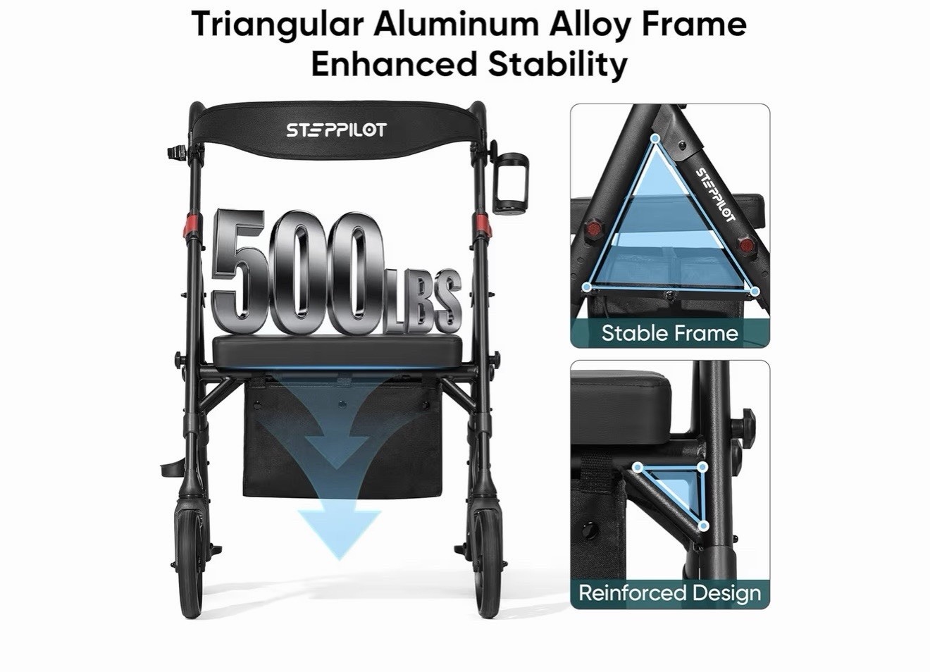 Foldable Aluminum Rollator Walkers with Cushion Seat for Senior 500lbs Max Load