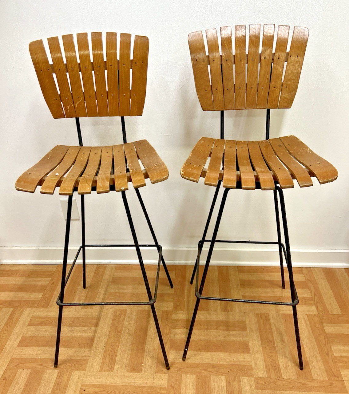 Vintage BAR STOOL SET mid century modern Arthur Umanoff swivel wood slat pair 2