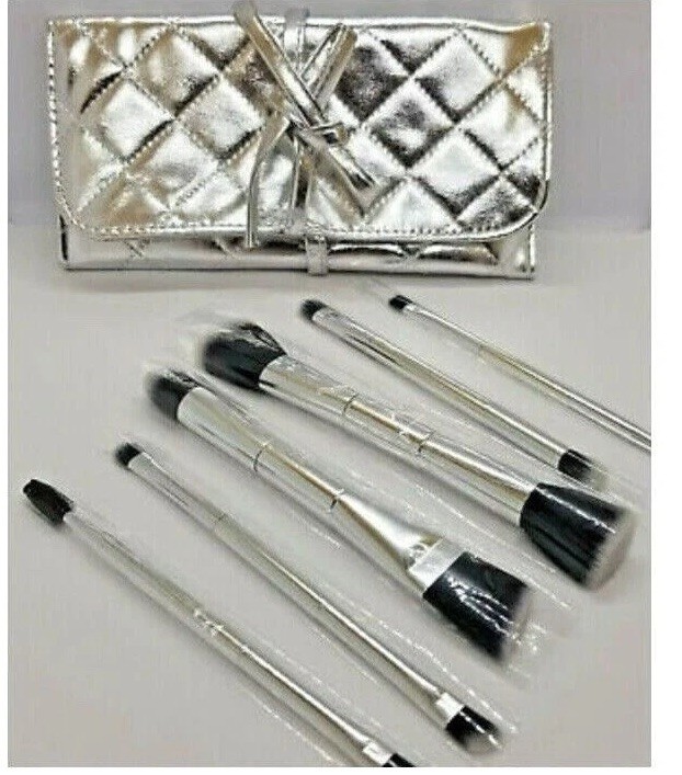 Glitterati Culture 6p Makeup Brush Set Silver Cosmetic travel Pouch NEW. RV$49