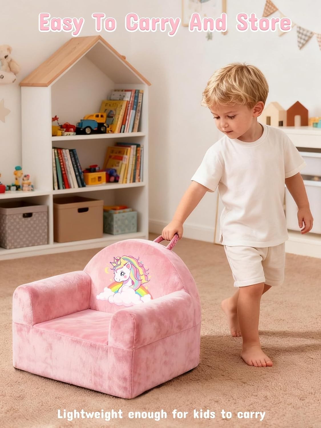 Kids Sofa Chair Pink Unicorn Toddler Chair Removable Washable Cover Cozy Velvet