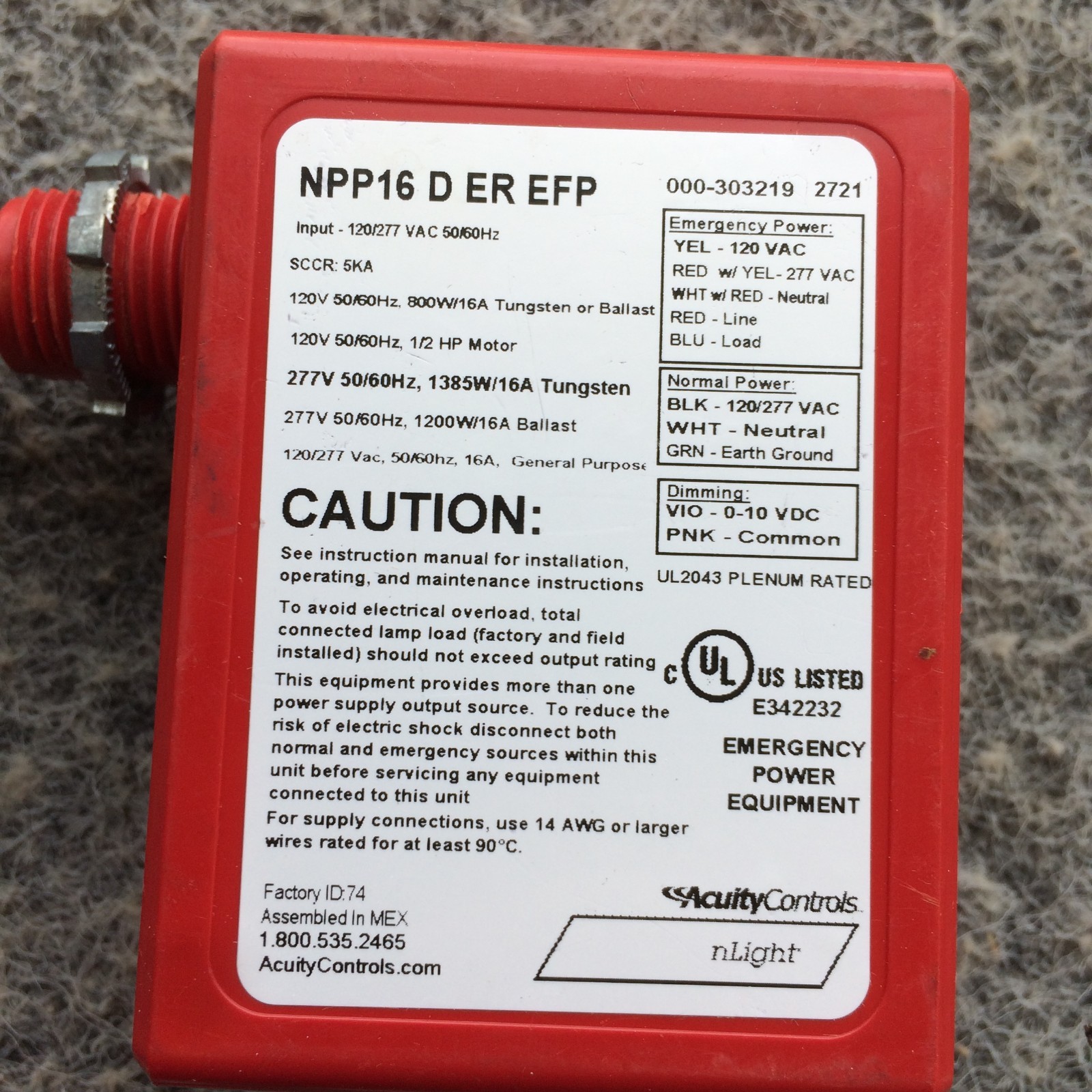 ACUITY Controls Sensor Switch Motion Detector Relay NPP16-D-ER-EFP 265LYK