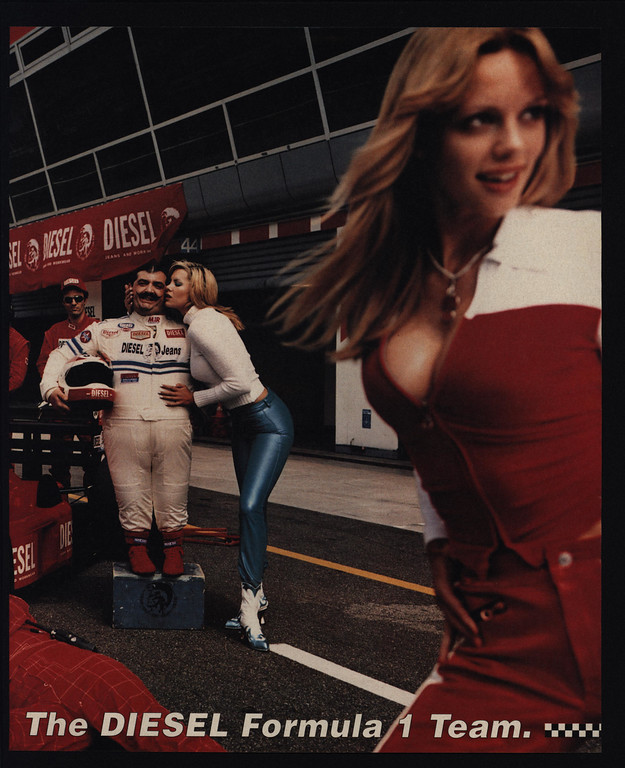 1995 DIESEL Jeans - Fat Race Car Driver Kisses 2 Beautiful Women 2pg VINTAGE AD