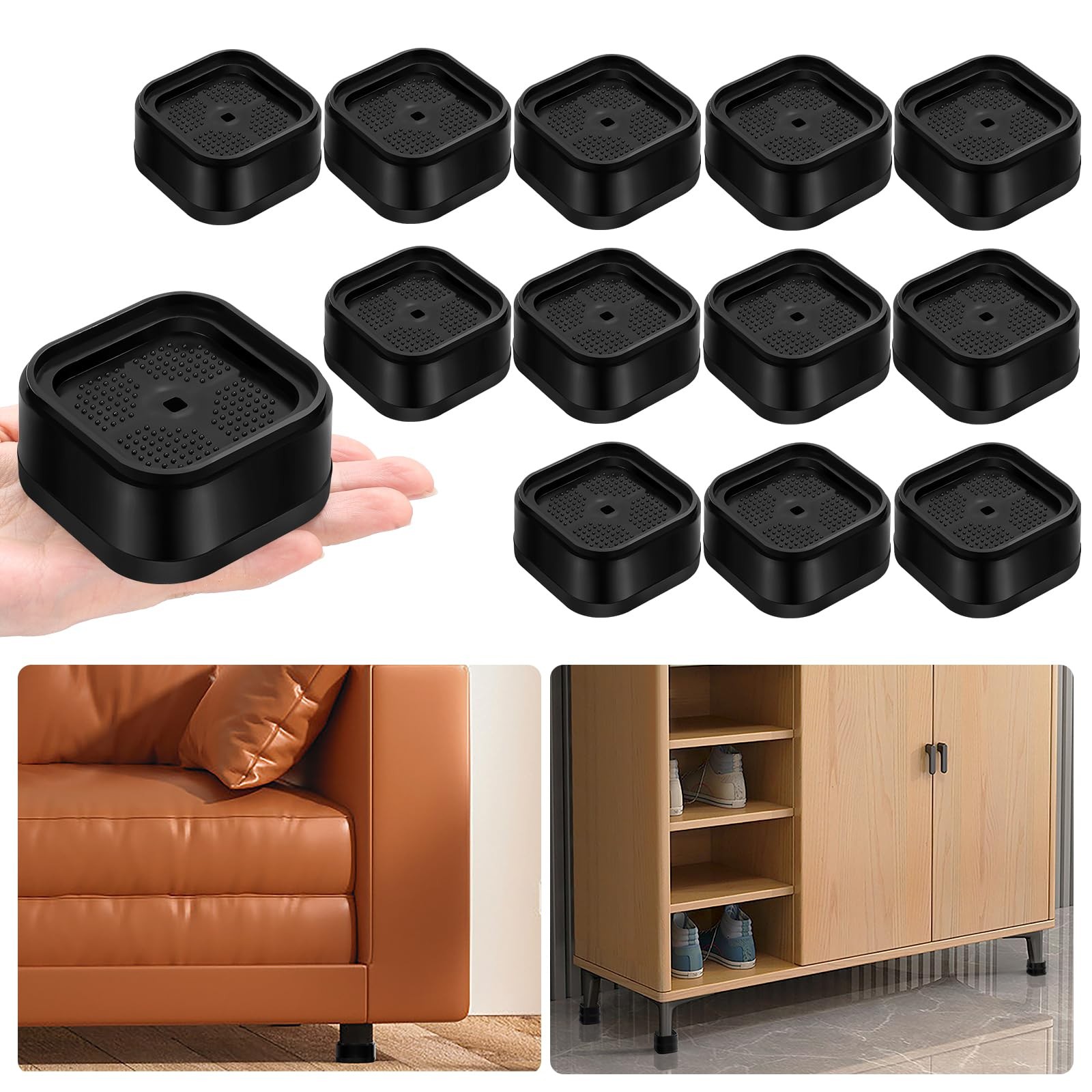 12 PCS Adjustable Furniture Bed Risers Square Stackable Heavy Duty Black 1 Inch