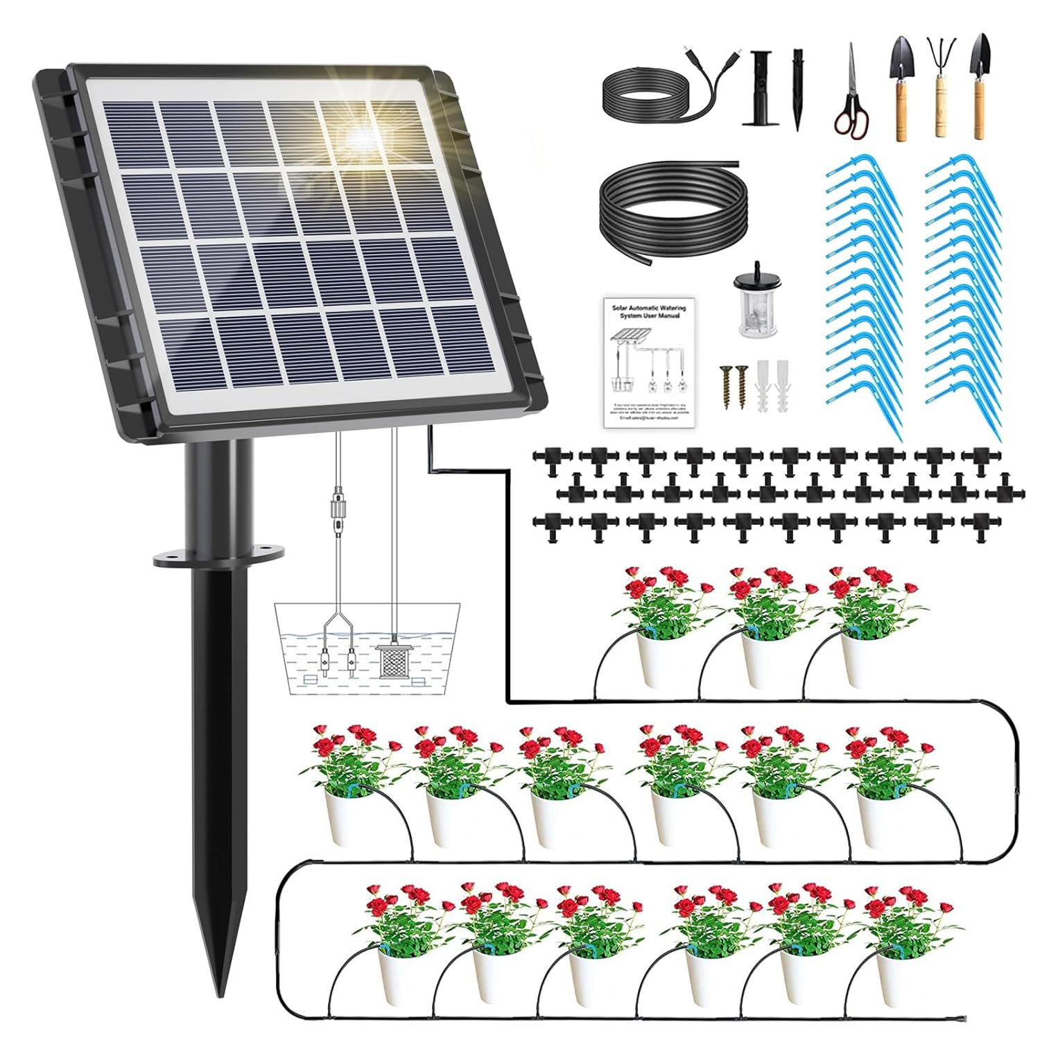 82FT Solar Drip Irrigation System Kit, Auto Watering for 30 Pots | 25 Timer Mode