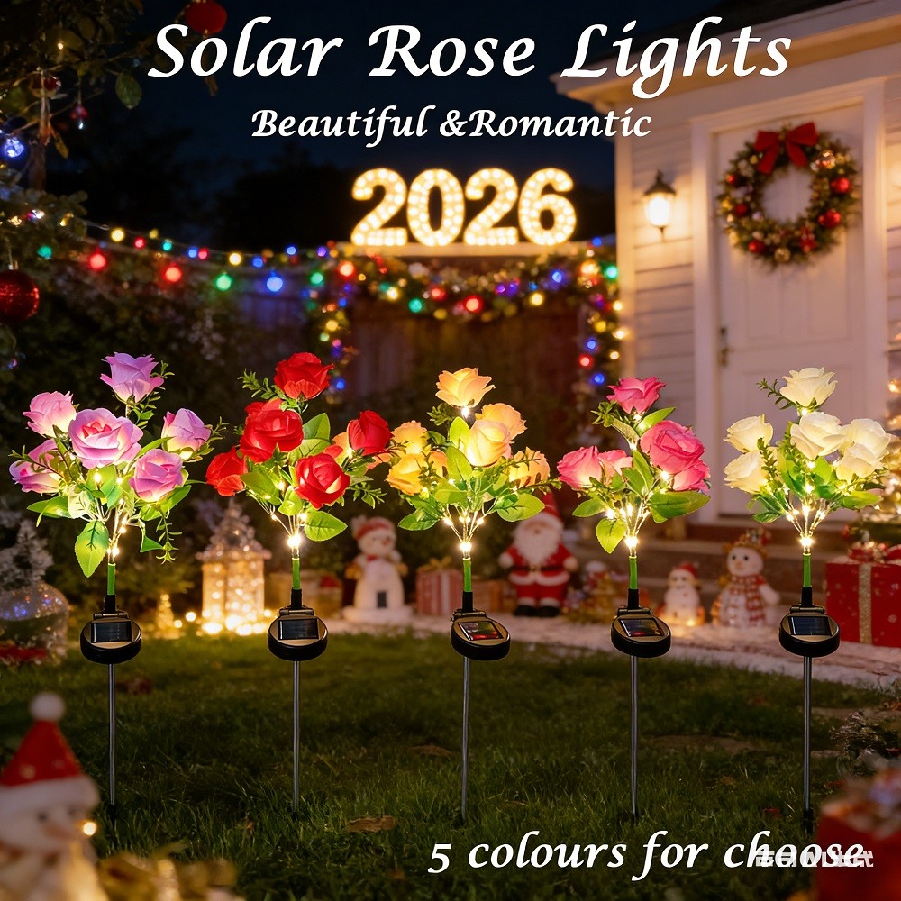 Solar Rose Flower Lights Outdoor Waterproof LED Garden Decor Stake Lamp Pathway