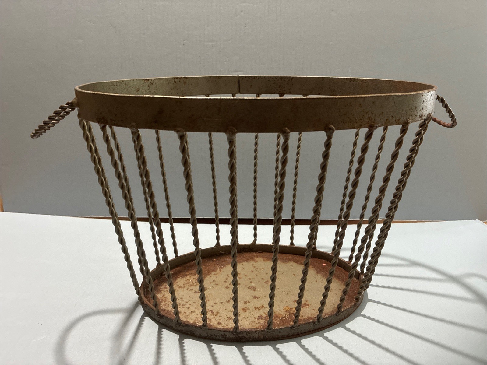 Vintage Oval Twisted Wire Metal Basket With A Metal Bottom 10” Tall 14” Wide MCM