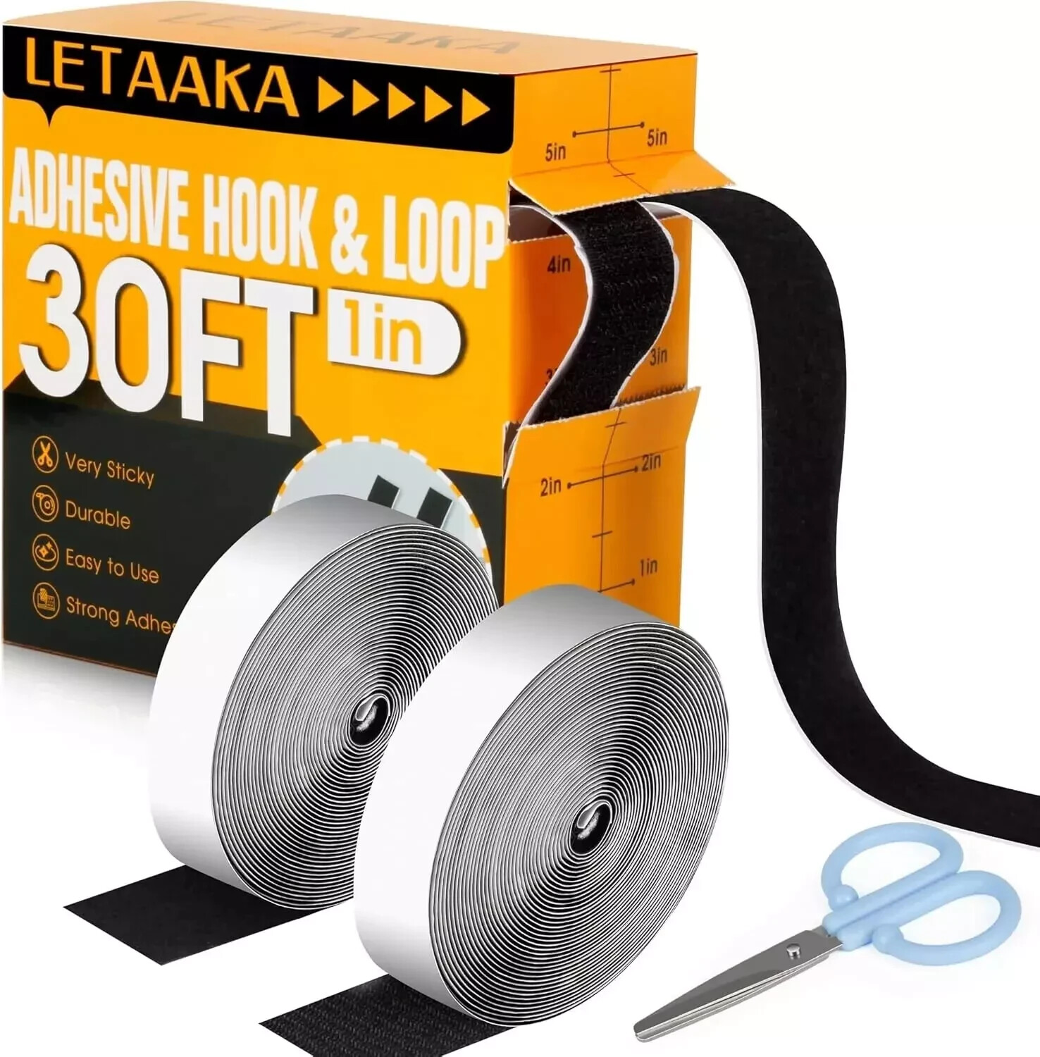 30Ft x 1 Inch Hook and Loop Strips with Adhesive - Heavy Duty Double Rolls